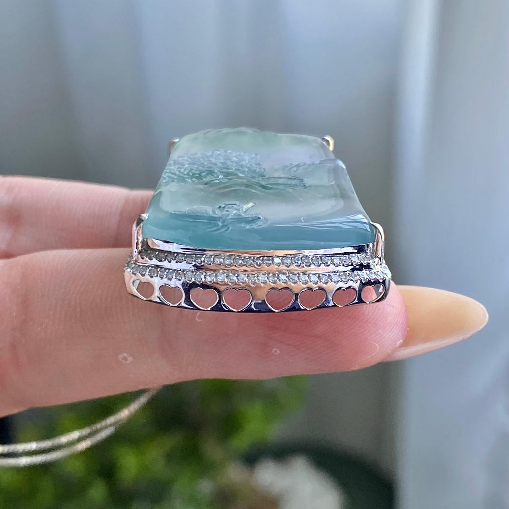 18k金钻镶冰种飘花山水牌吊坠（yc205075）