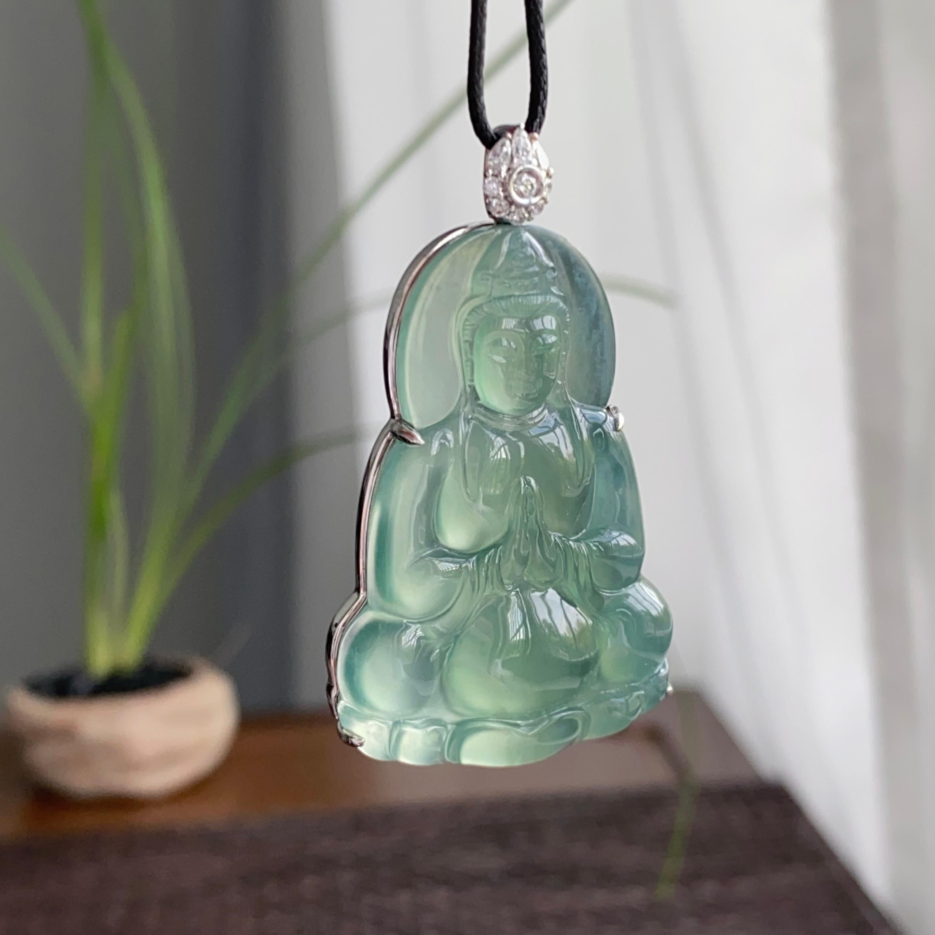 18k金钻镶冰种湖水绿观音吊坠（yc250195）