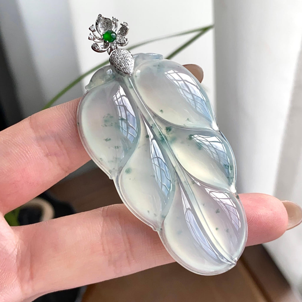 18k金钻镶冰种飘花玉叶吊坠（yc262745）