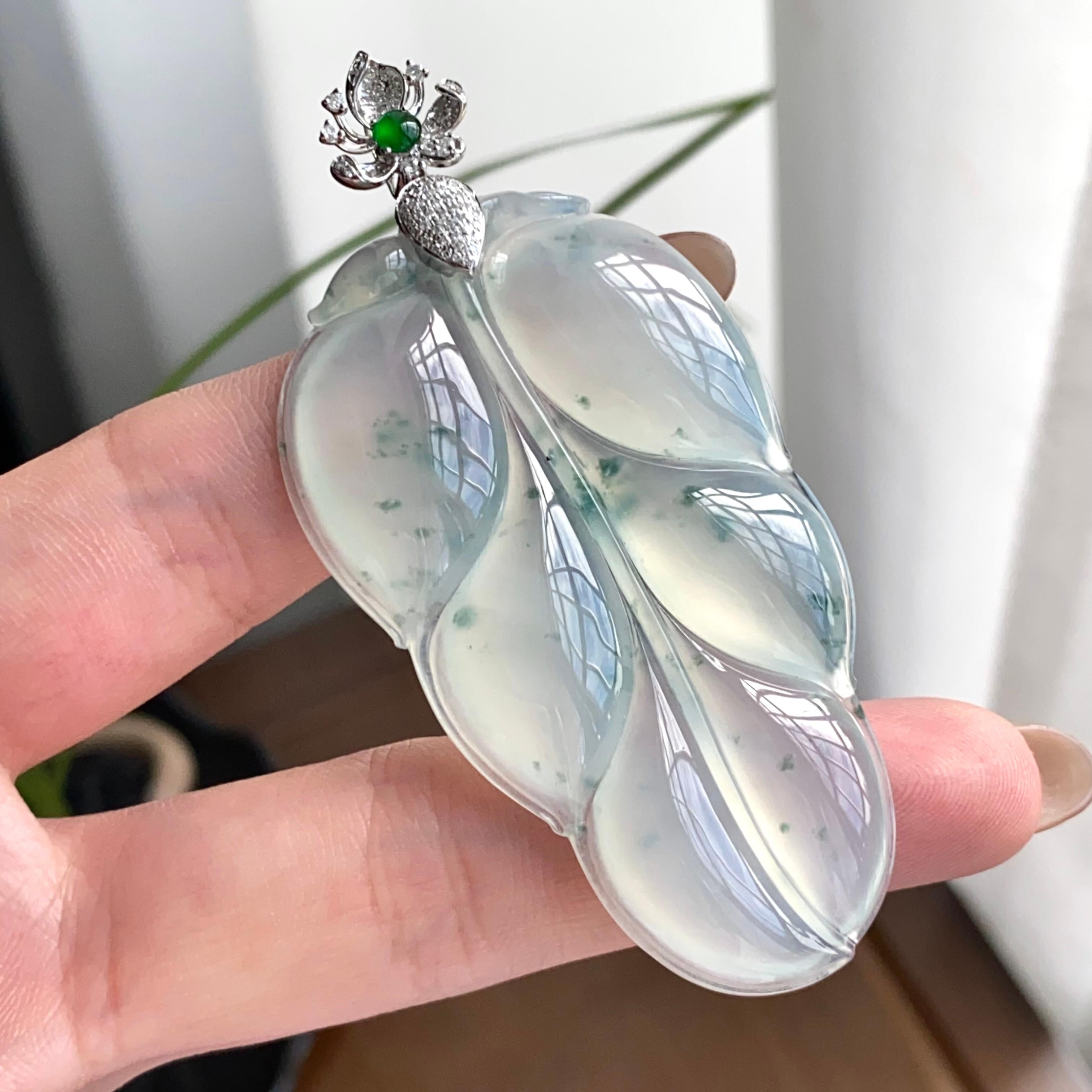 18k金钻镶冰种飘花玉叶吊坠（yc262745）