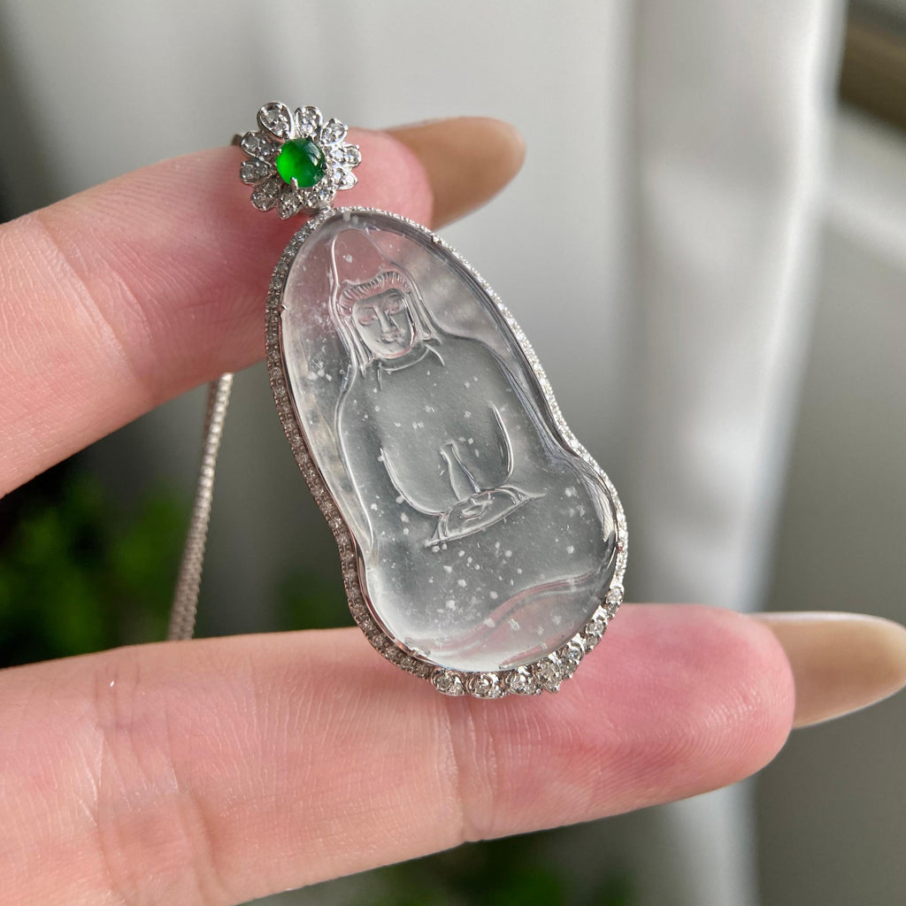 18k金钻镶玻璃种雪花棉观音吊坠（yc216841）