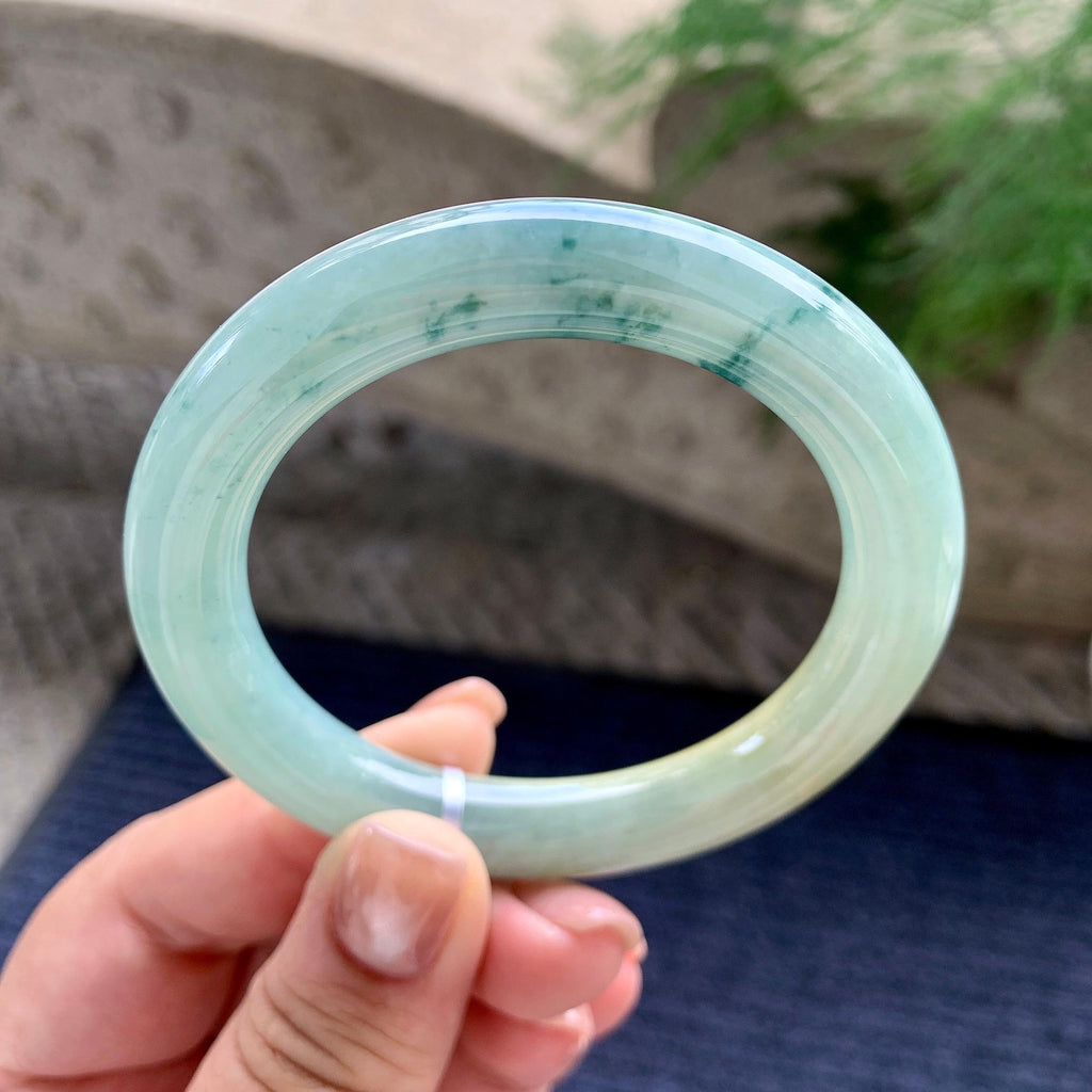 细糯种黄翡飘蓝花圆条手镯 54.3圈口 天然缅甸A货翡翠（yc701219）