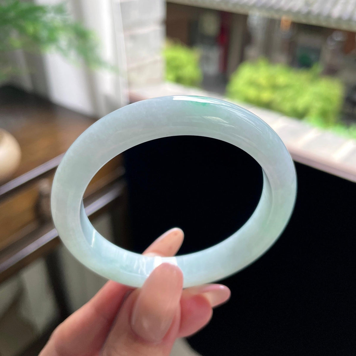 小圈口细糯种白底青正圈平安镯 52圈 天然缅甸A货翡翠（yc696406）