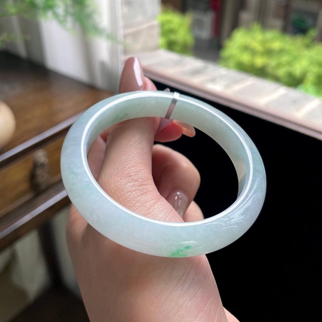 小圈口细糯种白底青正圈平安镯 52圈 天然缅甸A货翡翠（yc696406）