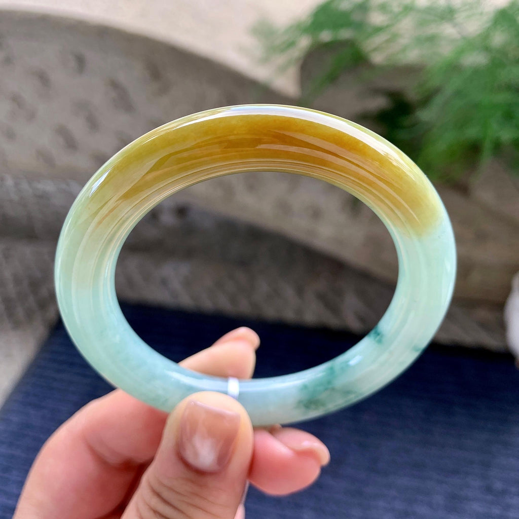 细糯种黄翡飘蓝花圆条手镯 54.3圈口 天然缅甸A货翡翠（yc701219）