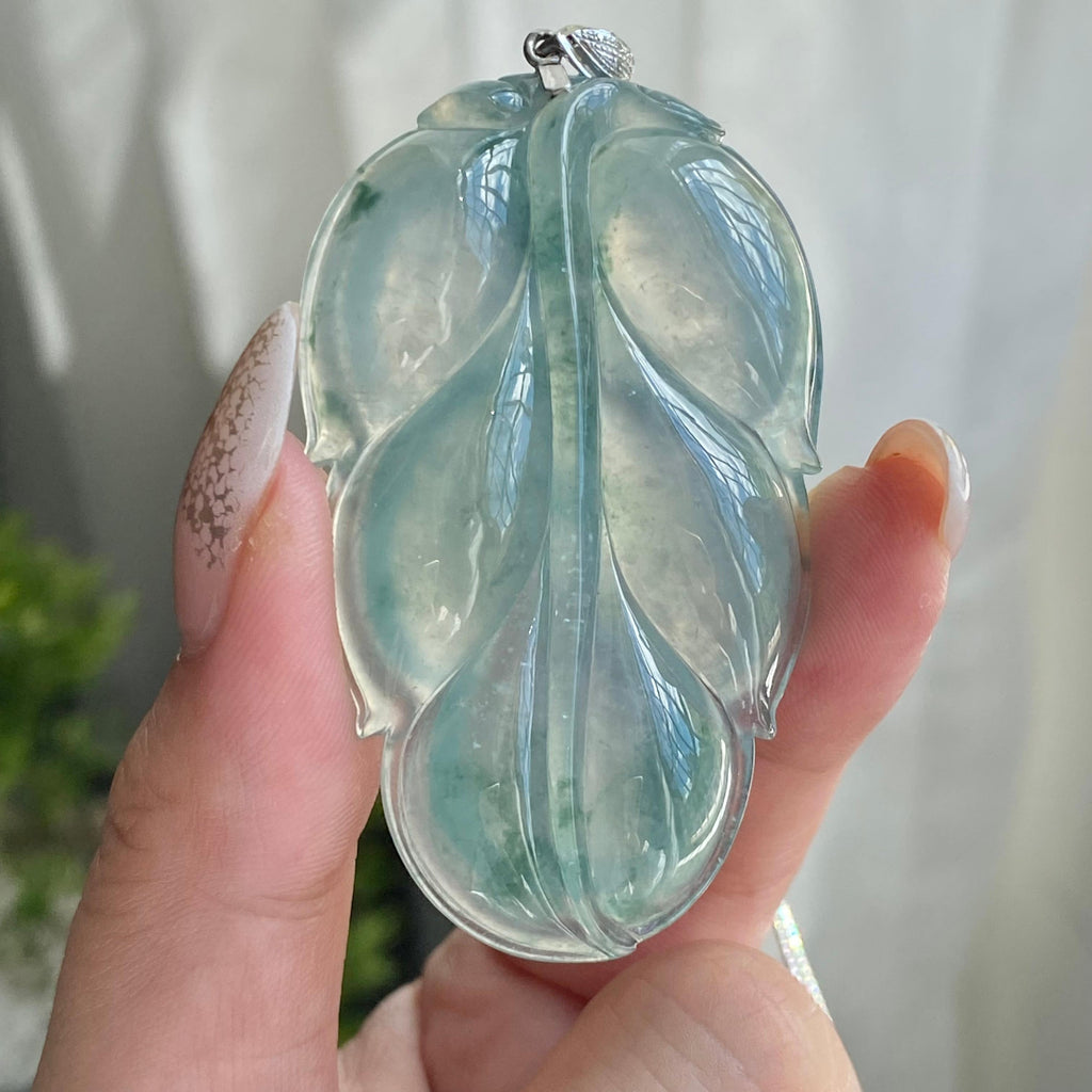 18k金钻镶冰种飘花玉叶吊坠（yc214465）