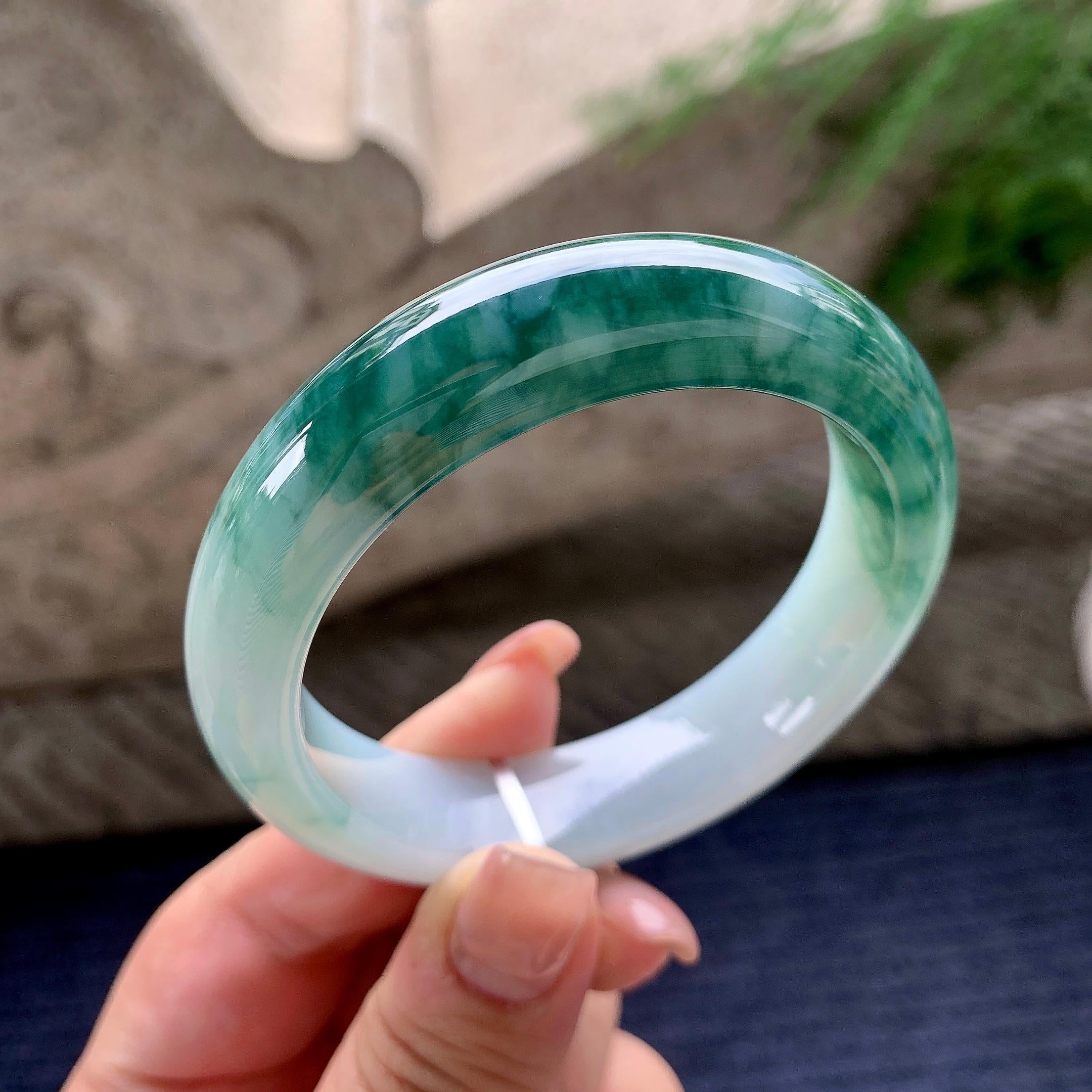 细糯种飘蓝花正圈平安镯 55.2圈口 天然缅甸A货翡翠（yc536202）