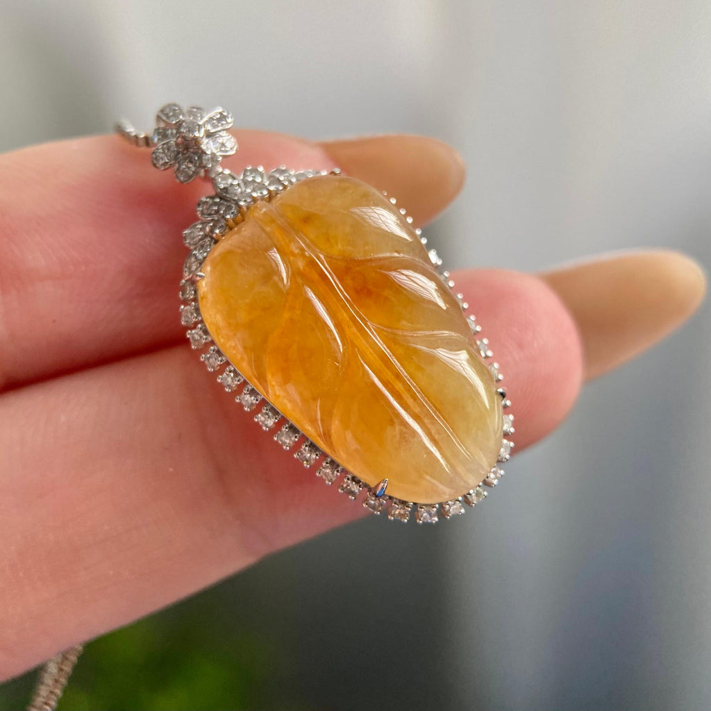 18k金钻镶冰种黄翡玉叶吊坠（yc219270）