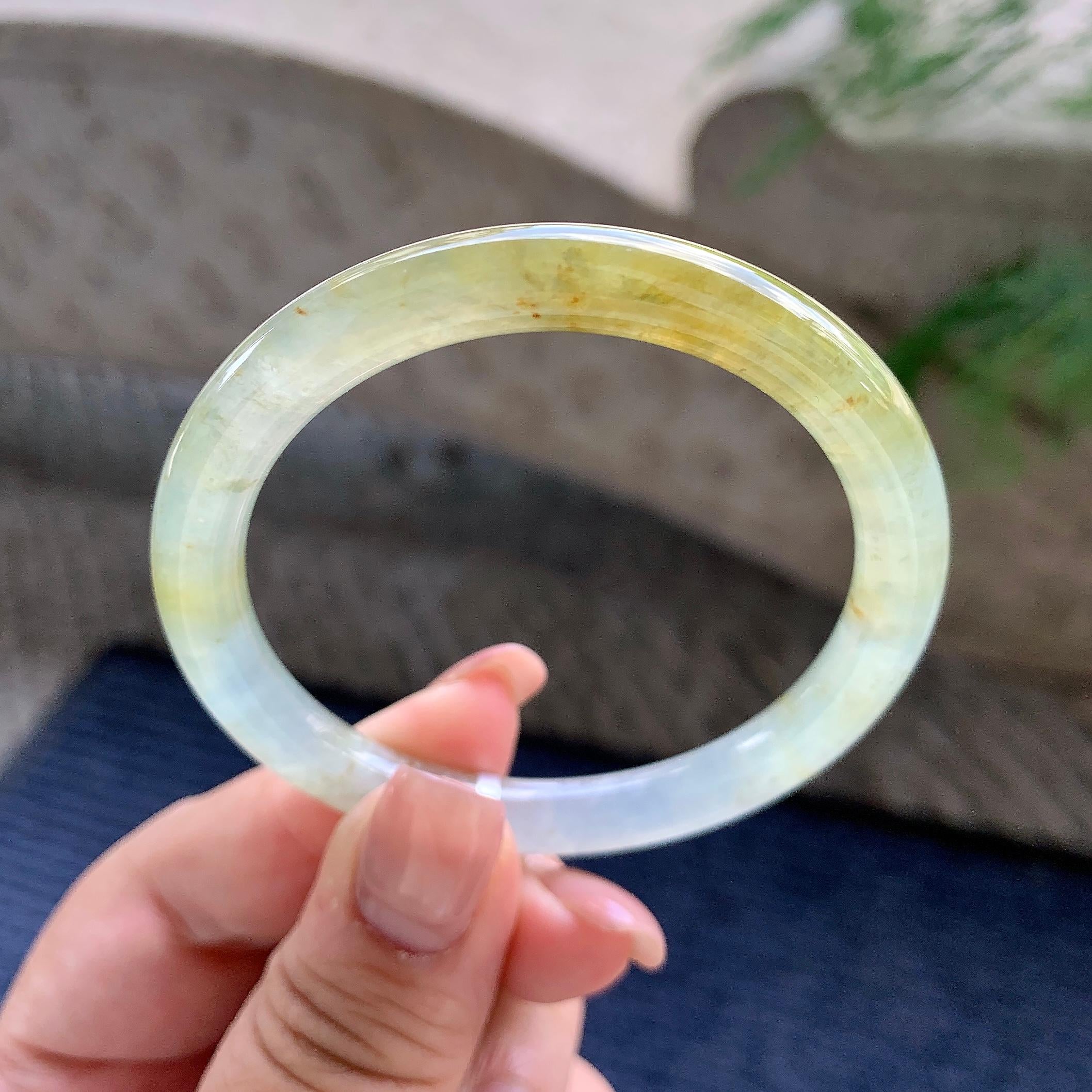 小圈口 糯冰种黄翡圆条手镯 51.5圈口 天然缅甸A货翡翠（yc532848）