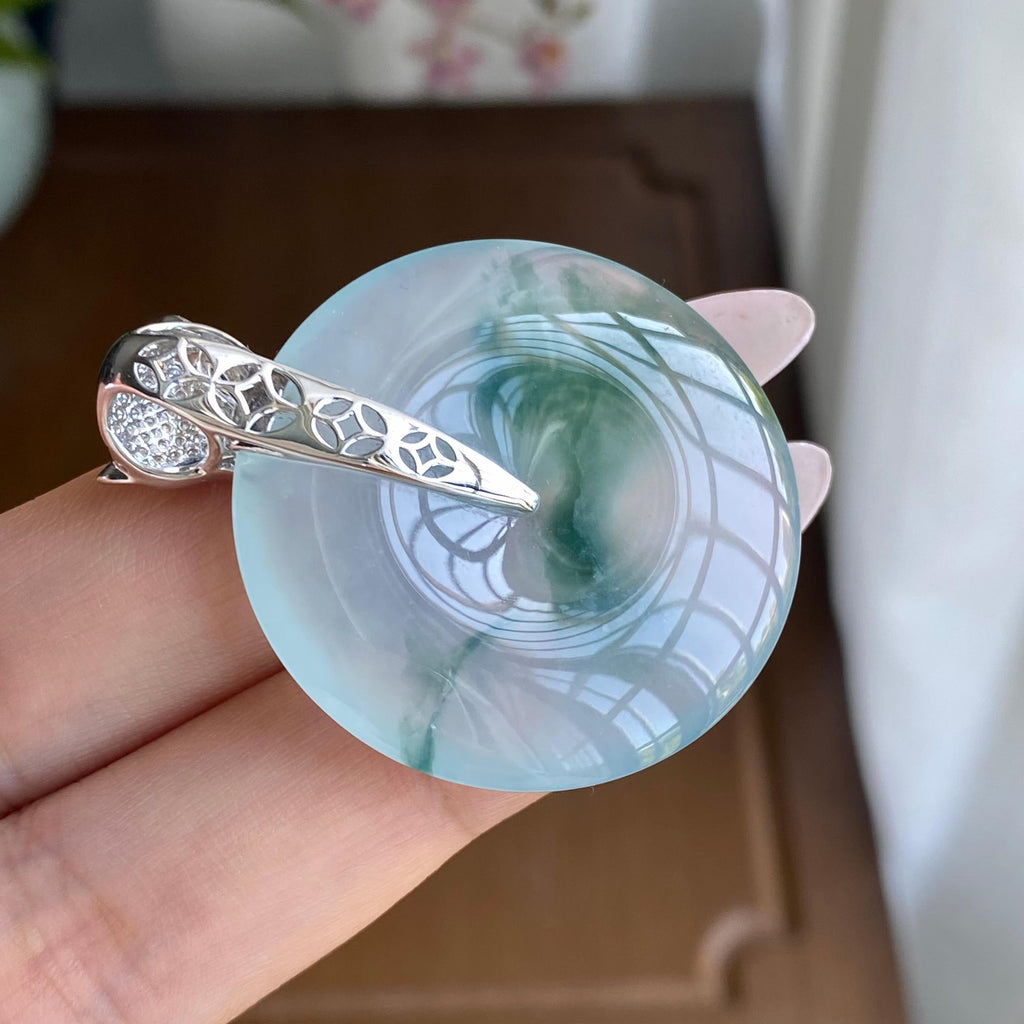 18K金钻镶糯冰种飘花平安扣吊坠（yc295960）