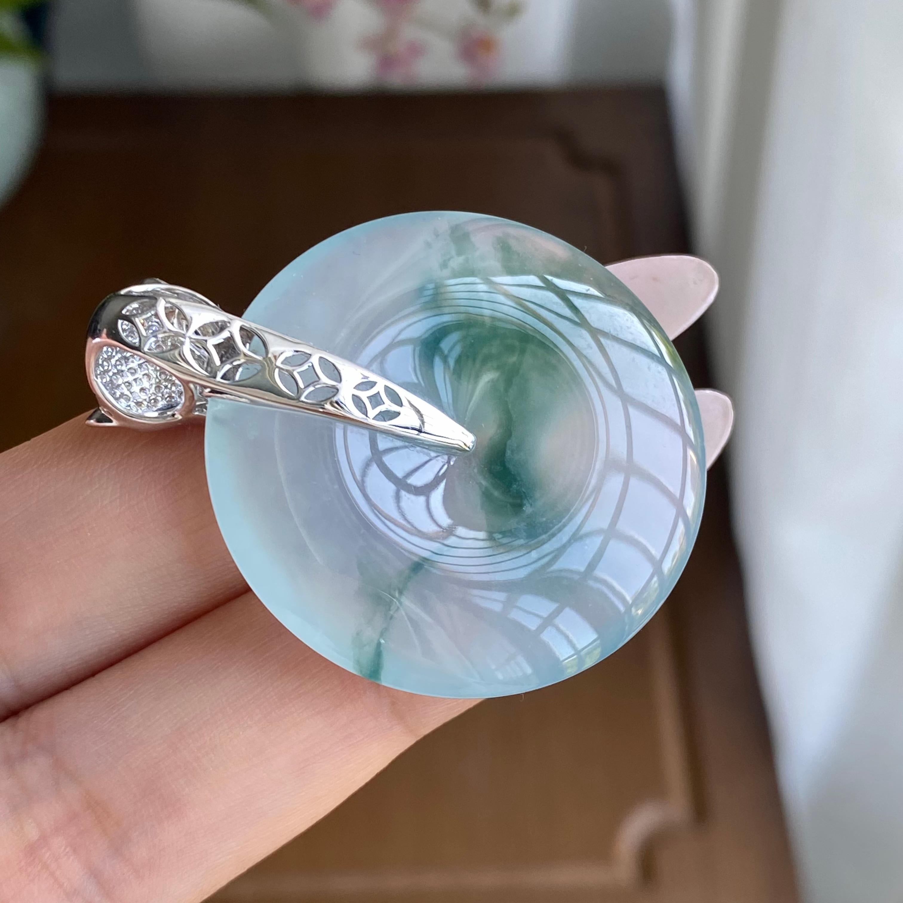 18K金钻镶糯冰种飘花平安扣吊坠（yc295960）