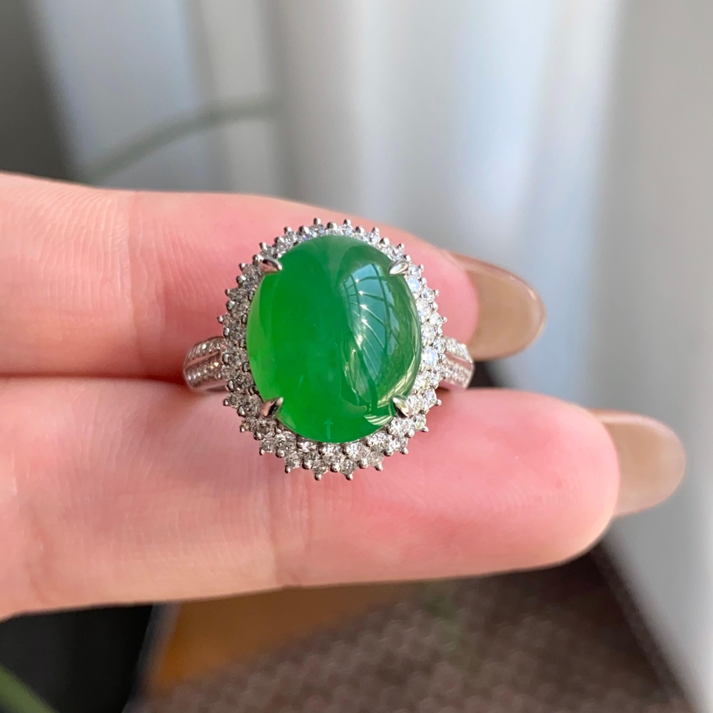 18k金钻镶冰种满绿蛋面戒指（yc264991）