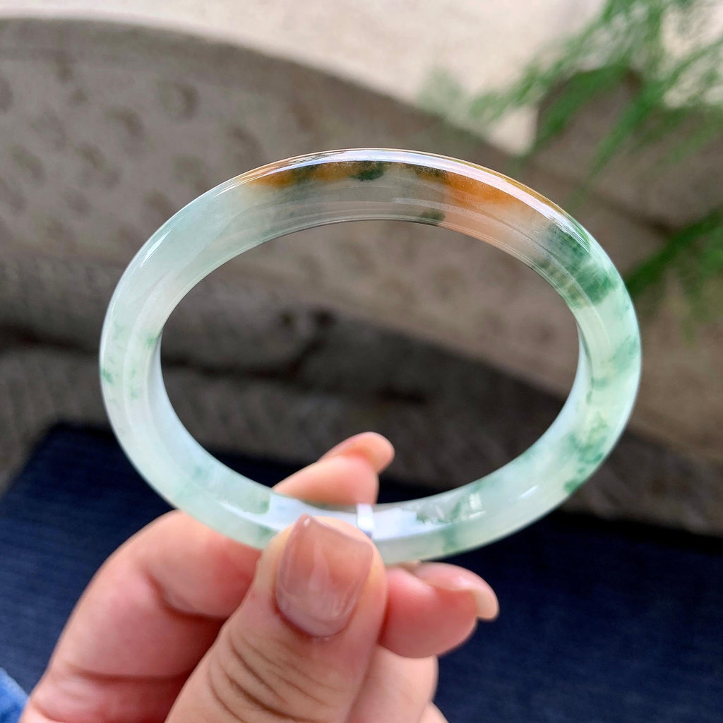 糯冰种黄翡飘蓝花贵妃手镯 54.7圈口 天然缅甸A货翡翠（yc524402）