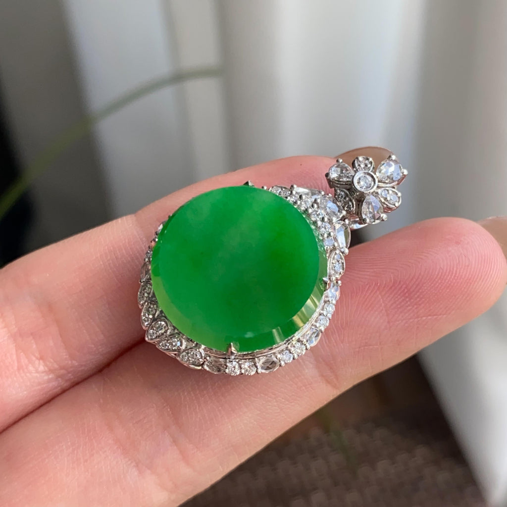 18k金钻镶冰种阳绿圆牌吊坠（yc264961）