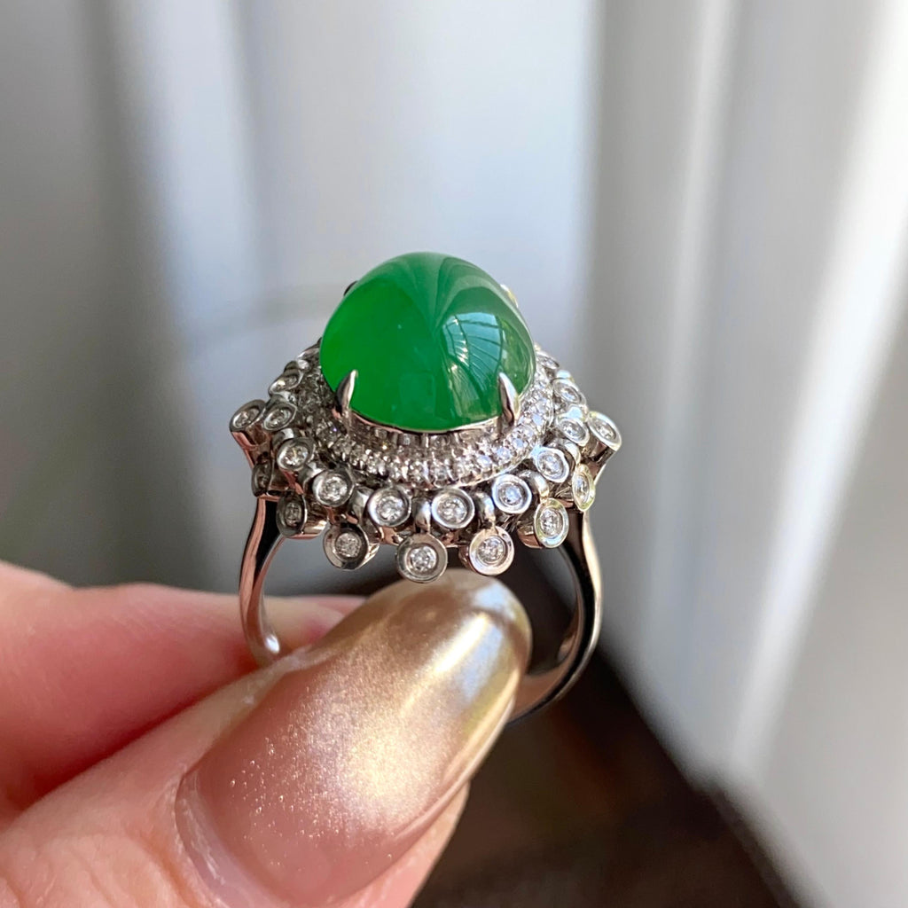 18k金钻镶冰种满绿蛋面戒指（yc264994）