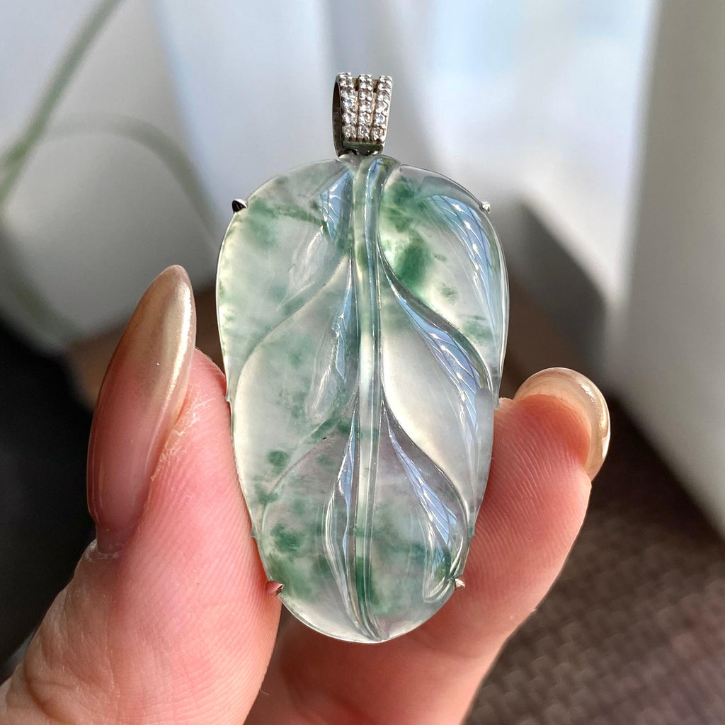 18k金钻镶冰种飘花玉叶吊坠（yc266216）