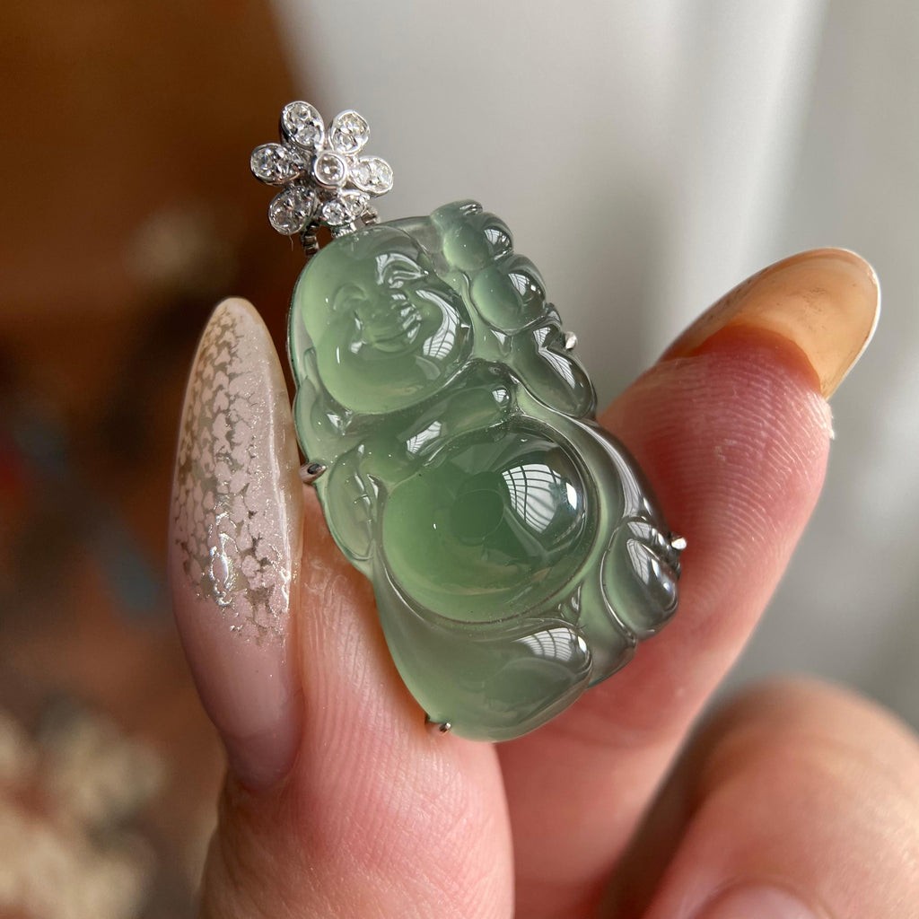 18k金钻镶冰种湖水绿财神吊坠（yc223792）