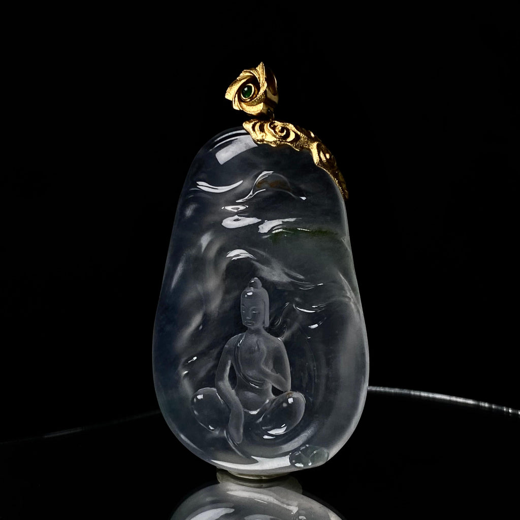 18k金镶冰种飘花悟道牌吊坠（yc216340）