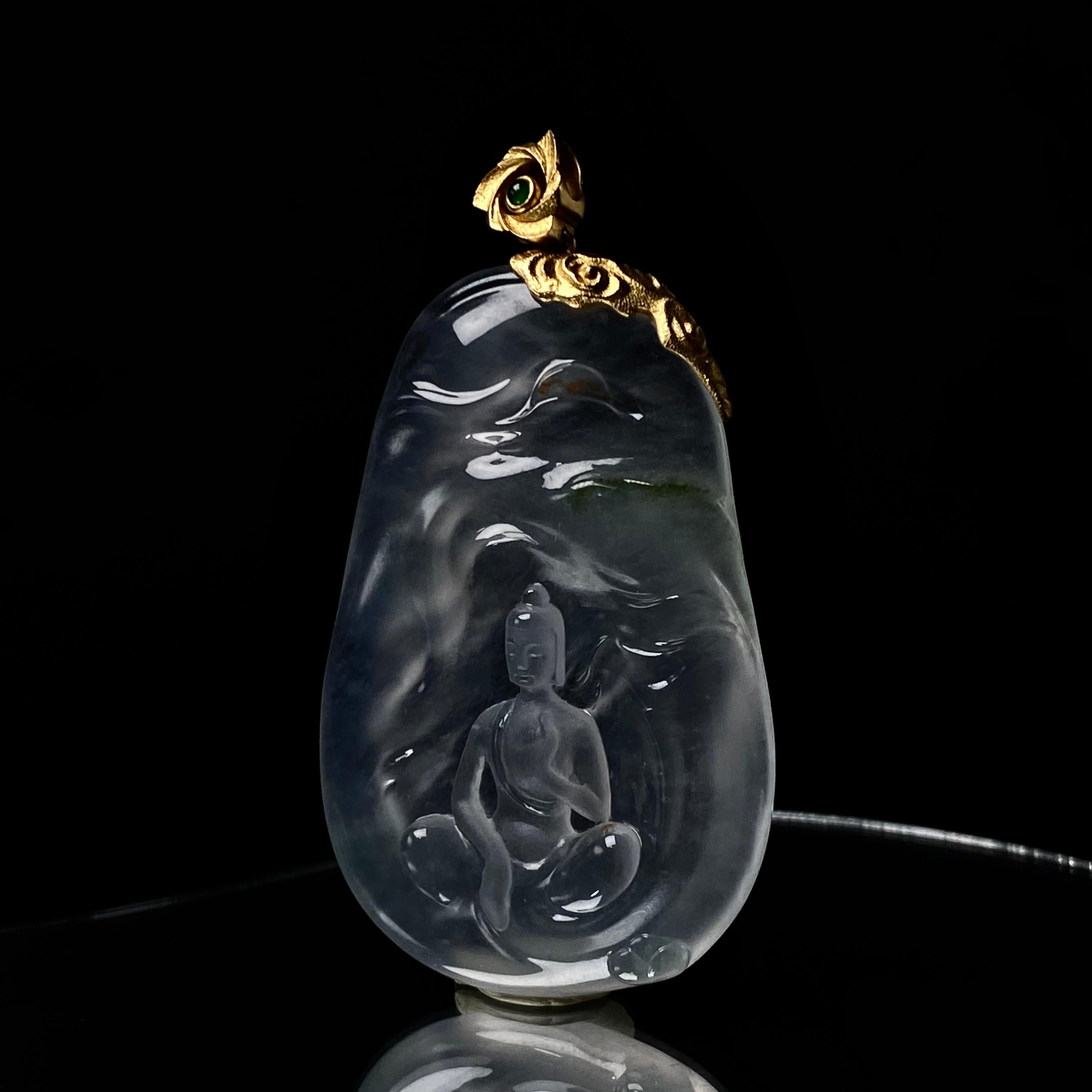 18k金镶冰种飘花悟道牌吊坠（yc216340）