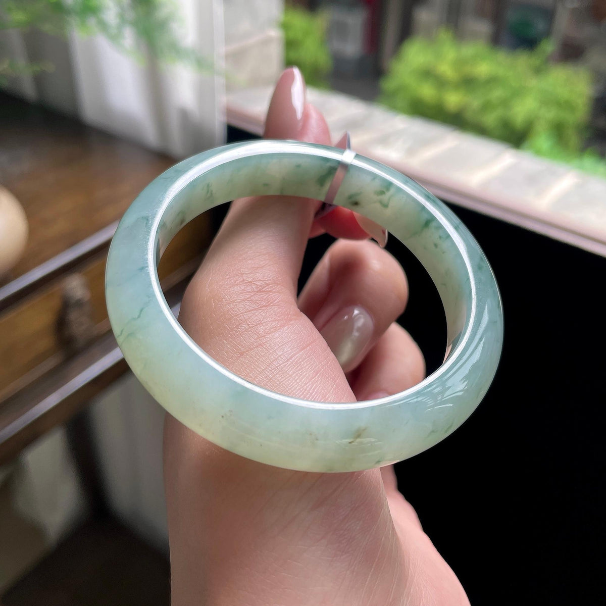 细糯种绿飘花正圈平安镯 53.5圈 天然缅甸A货翡翠（yc696412）