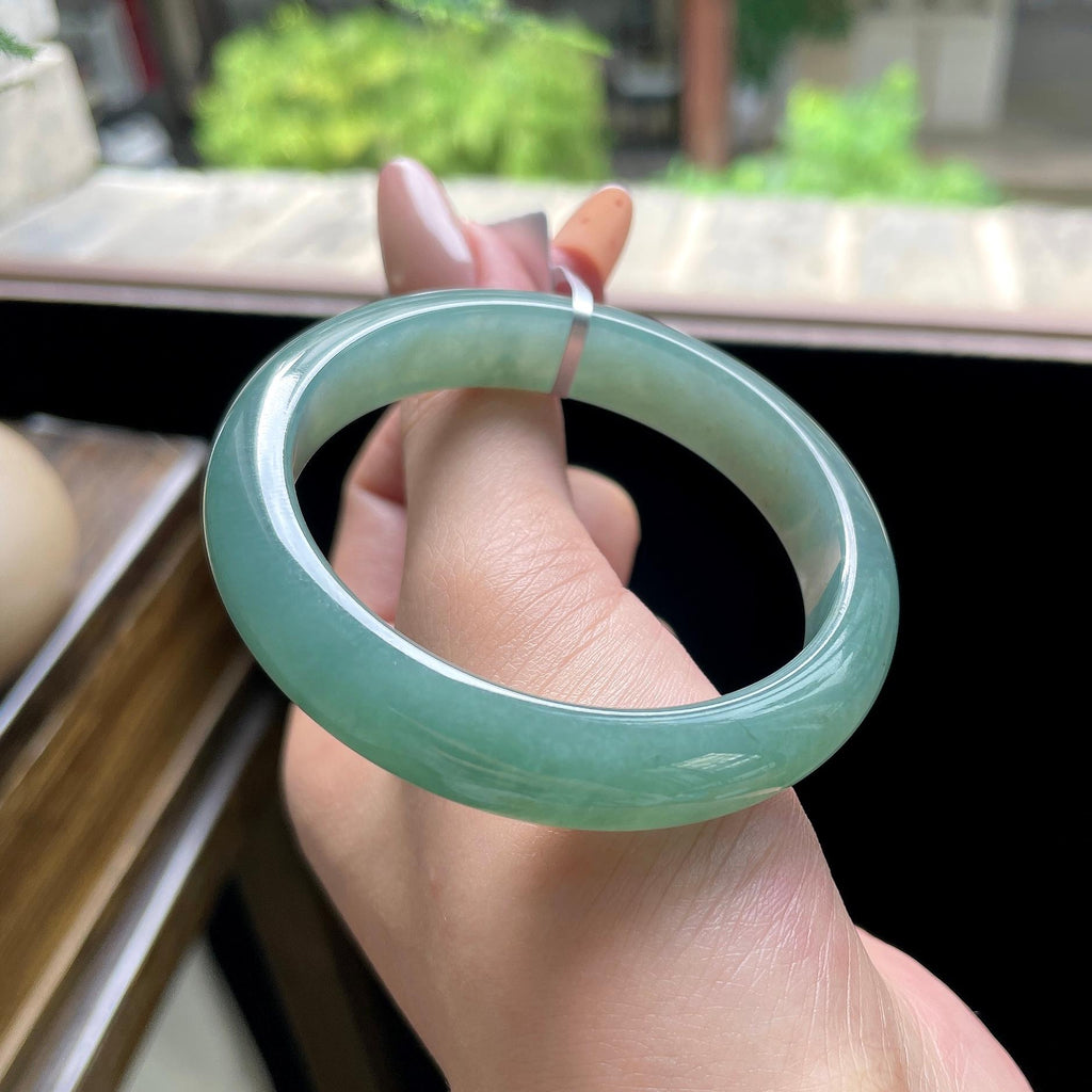 小圈口 细糯种油青色湖水绿正圈平安镯 52圈 天然缅甸A货翡翠（yc693162）