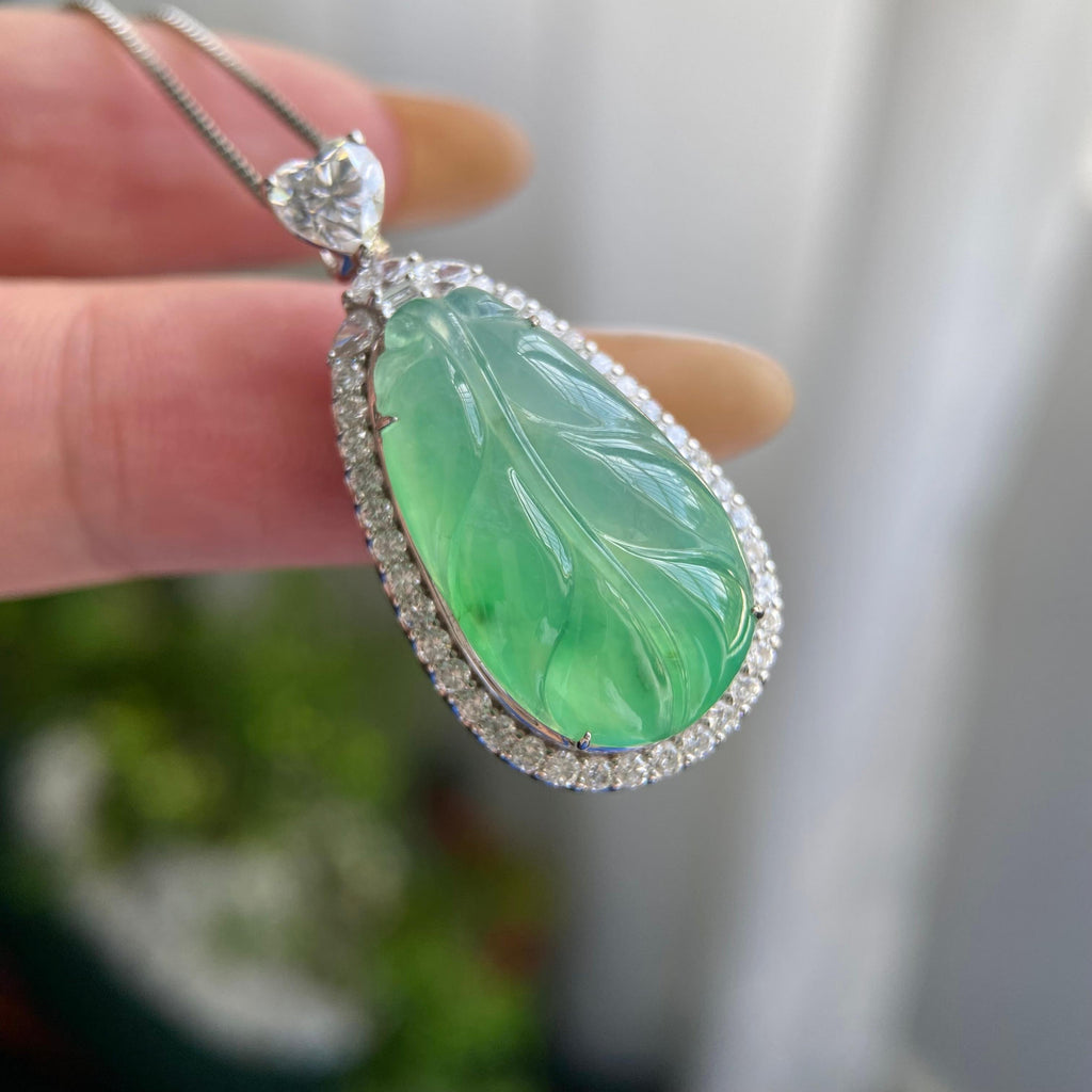 18k金钻镶冰种飘花玉叶吊坠（yc217131）