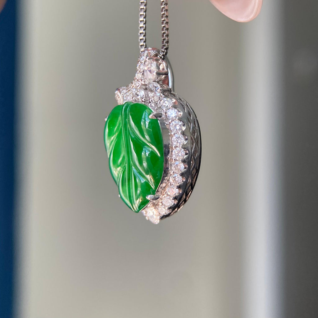 18k金钻镶冰种阳绿玉叶吊坠（yc209950）