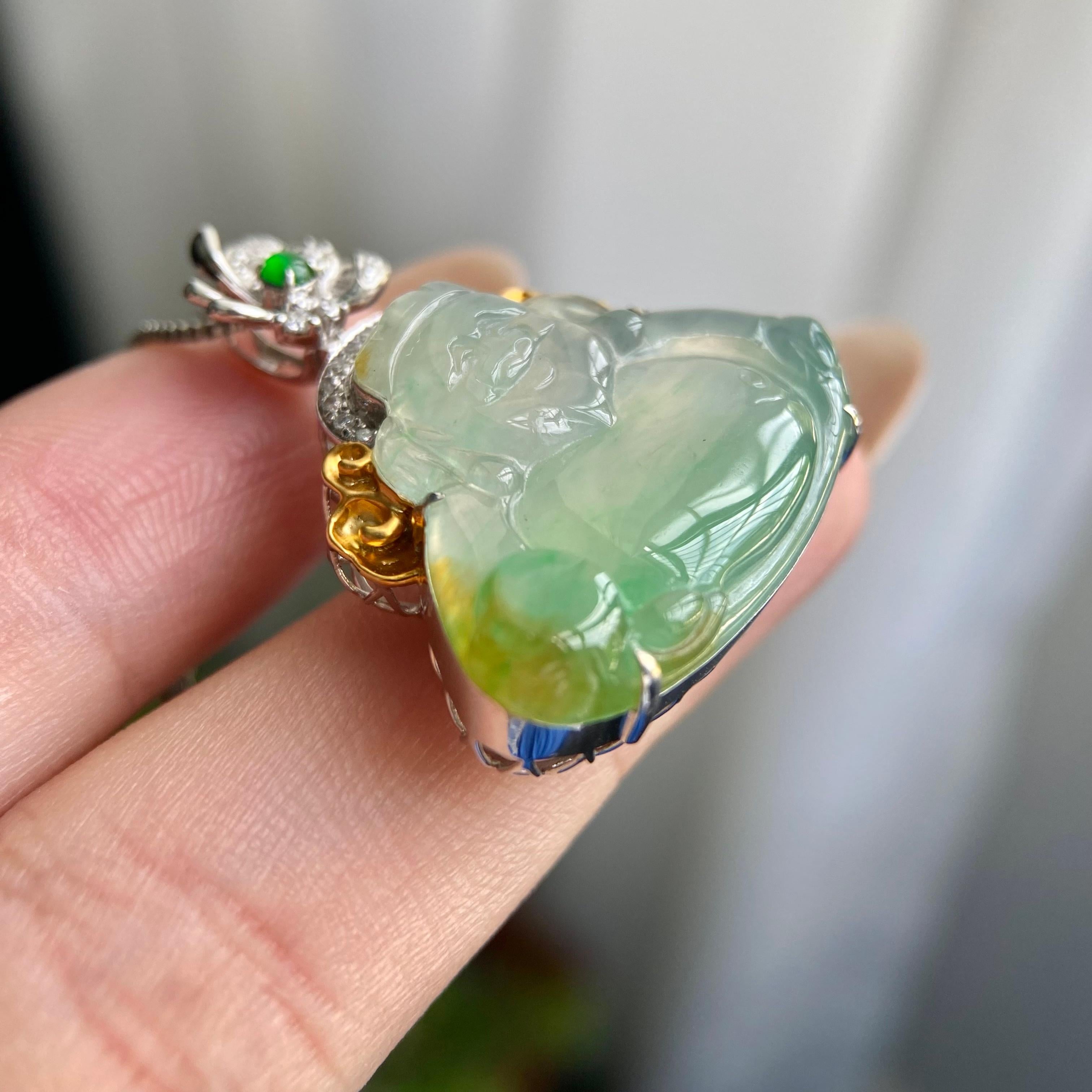 18k金钻镶冰种黄加绿财神吊坠（yc217114）