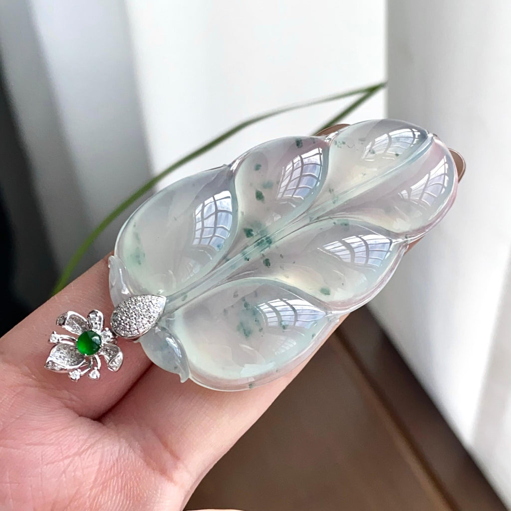 18k金钻镶冰种飘花玉叶吊坠（yc262745）