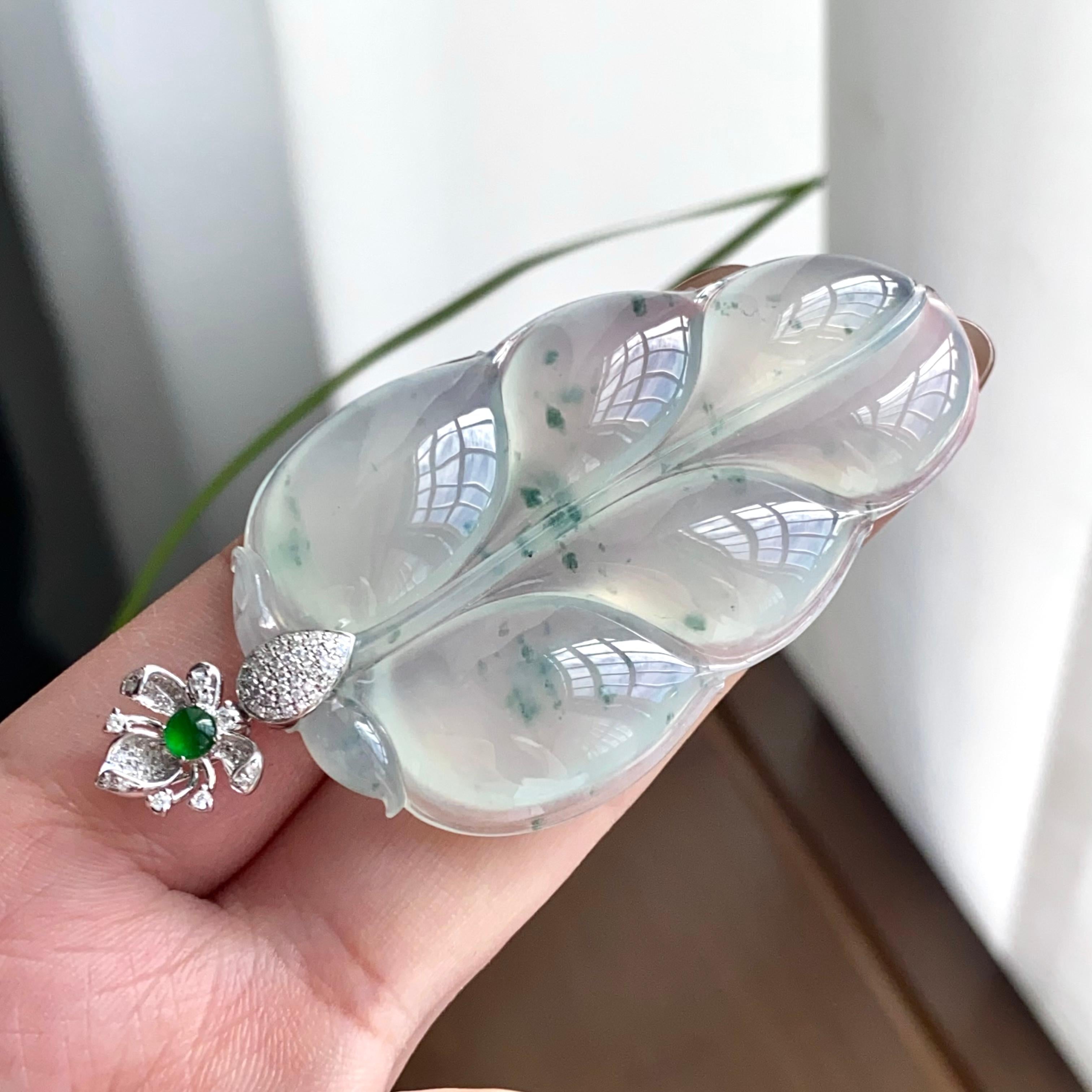 18k金钻镶冰种飘花玉叶吊坠（yc262745）