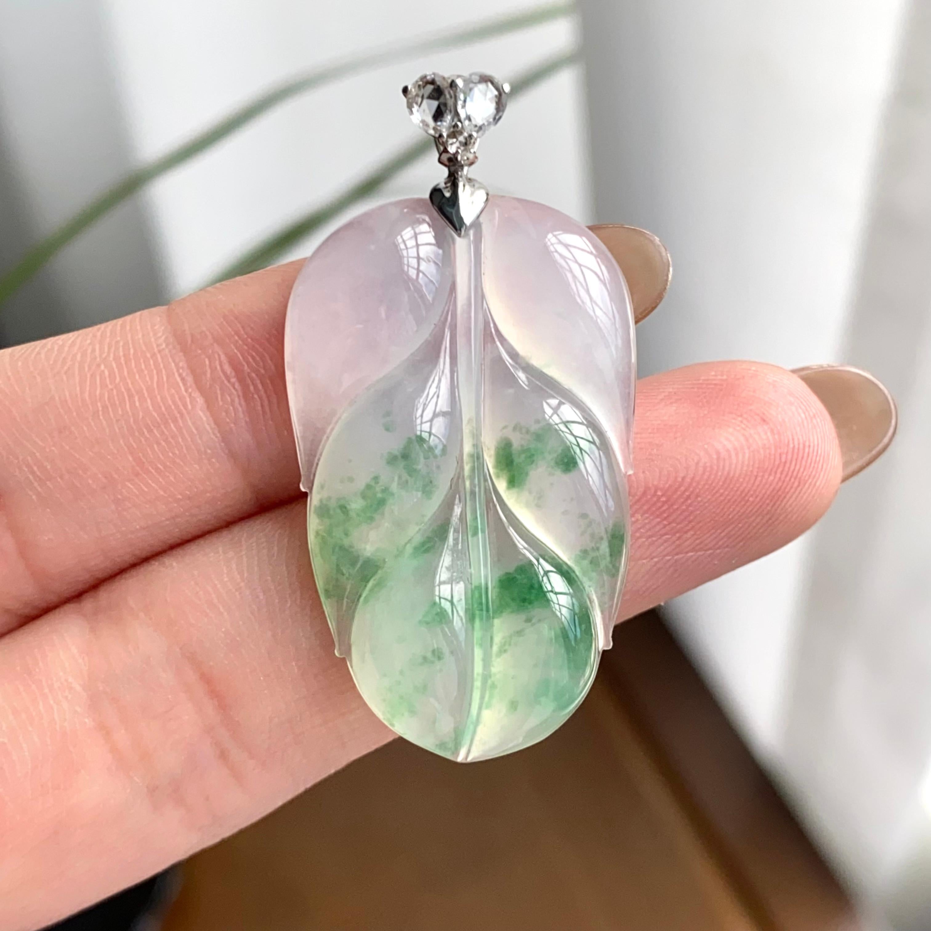 18k金钻镶冰种飘花玉叶吊坠（yc262716）