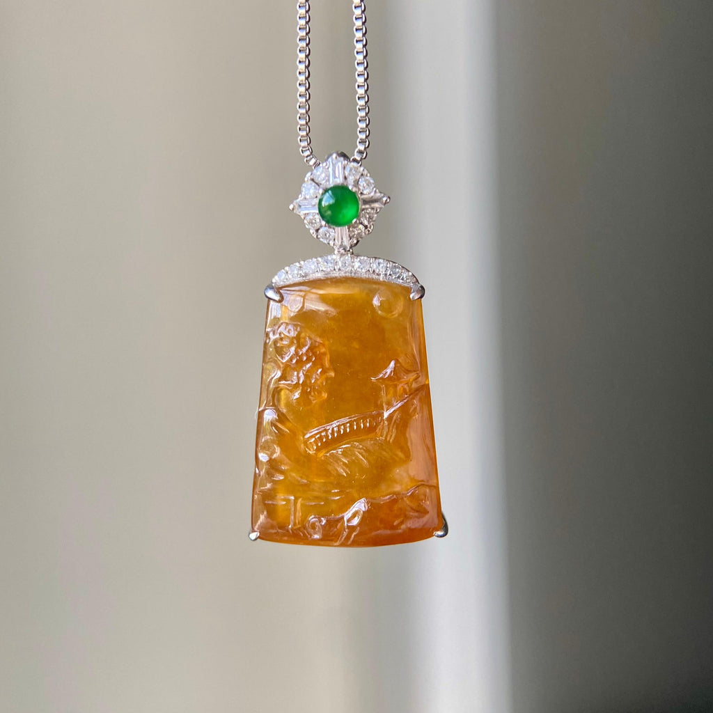 18k金钻镶冰种黄翡山水牌吊坠（yc216834）