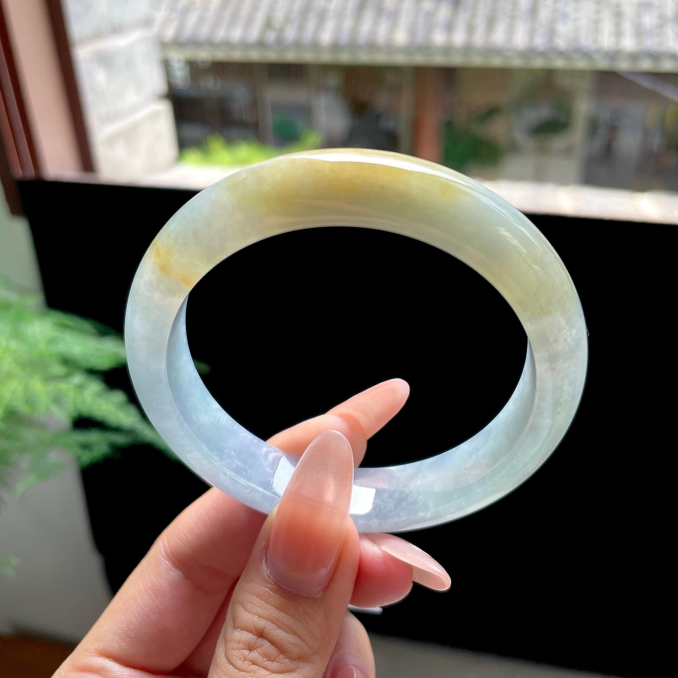 糯冰种冰蓝底黄翡正圈平安镯 58圈口 天然缅甸A货翡翠（yc527799）