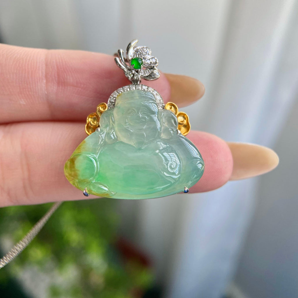 18k金钻镶冰种黄加绿财神吊坠（yc217114）