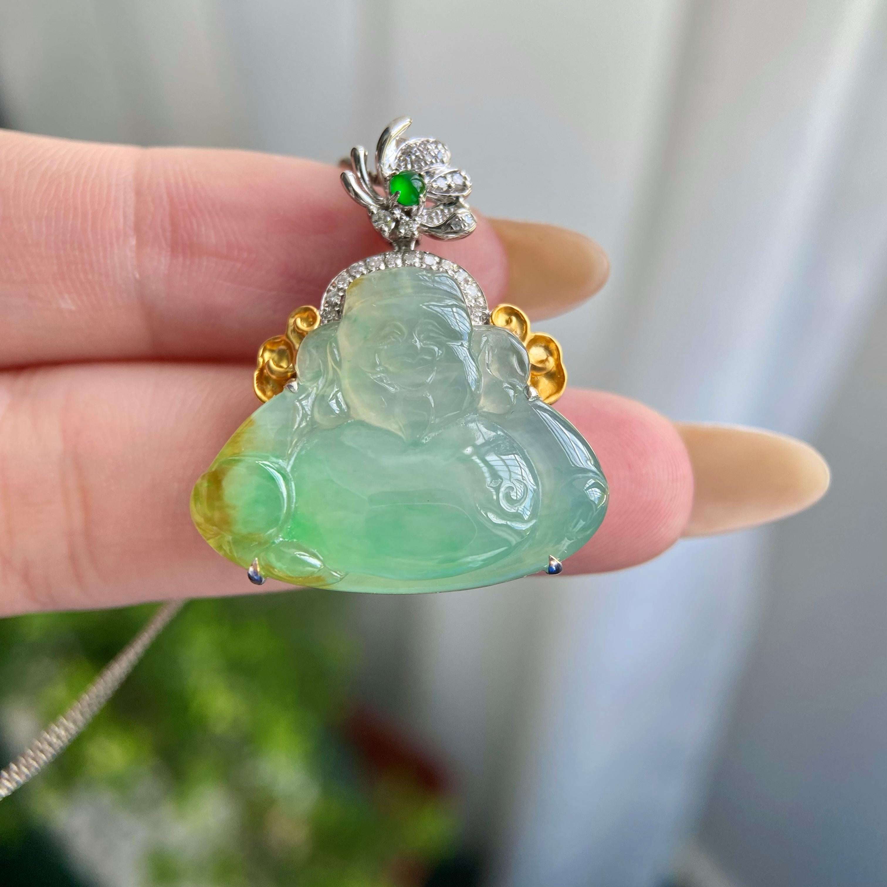 18k金钻镶冰种黄加绿财神吊坠（yc217114）