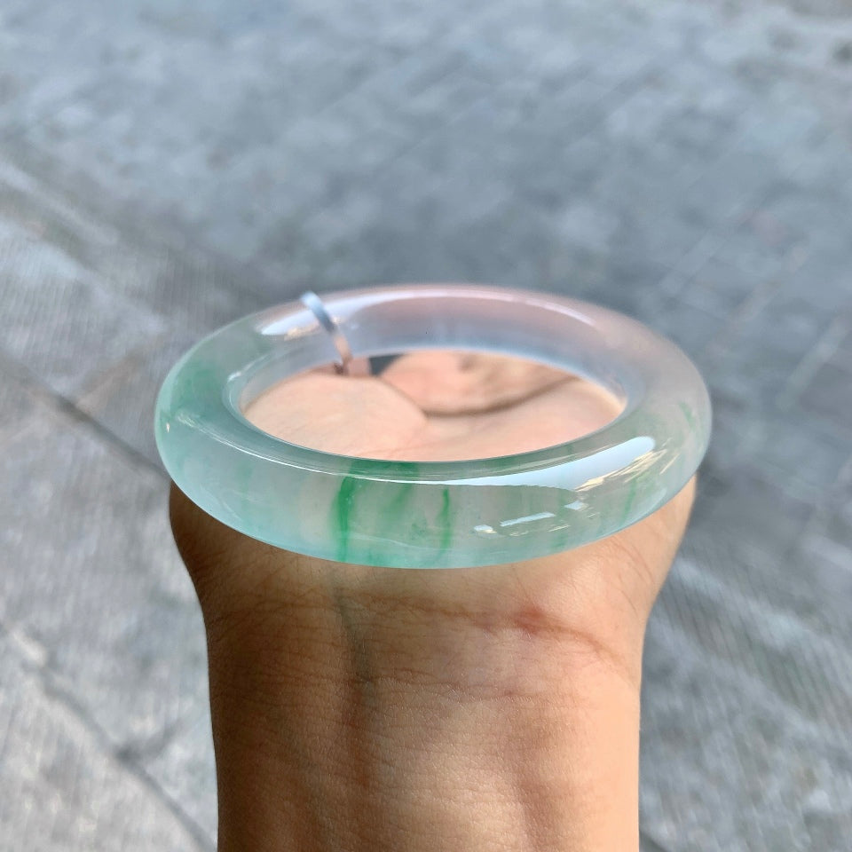 高冰飘绿翡翠圆条手镯镯心一套（52.8mm）（yc025803）