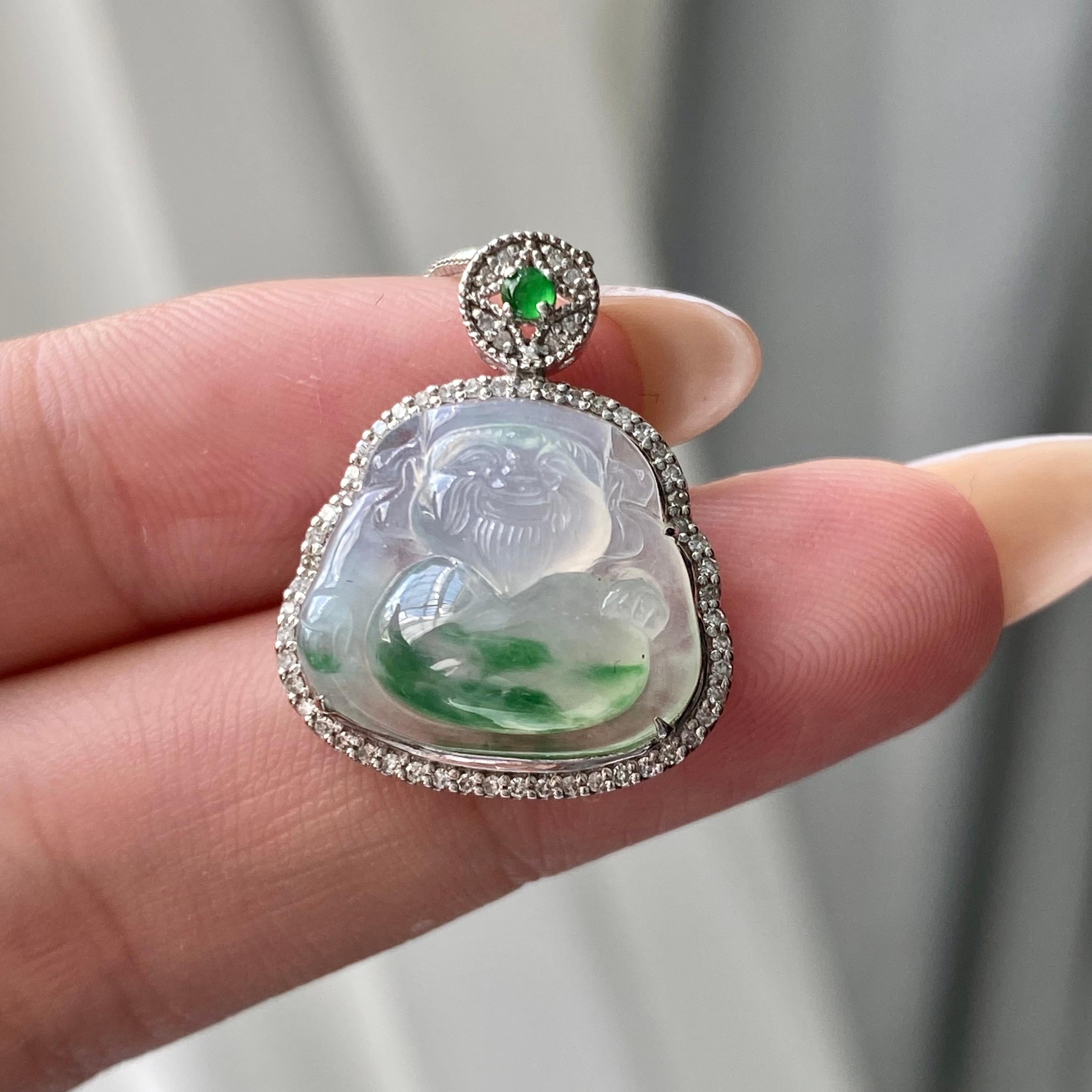 18k金钻镶冰种飘花财神吊坠（yc204856）