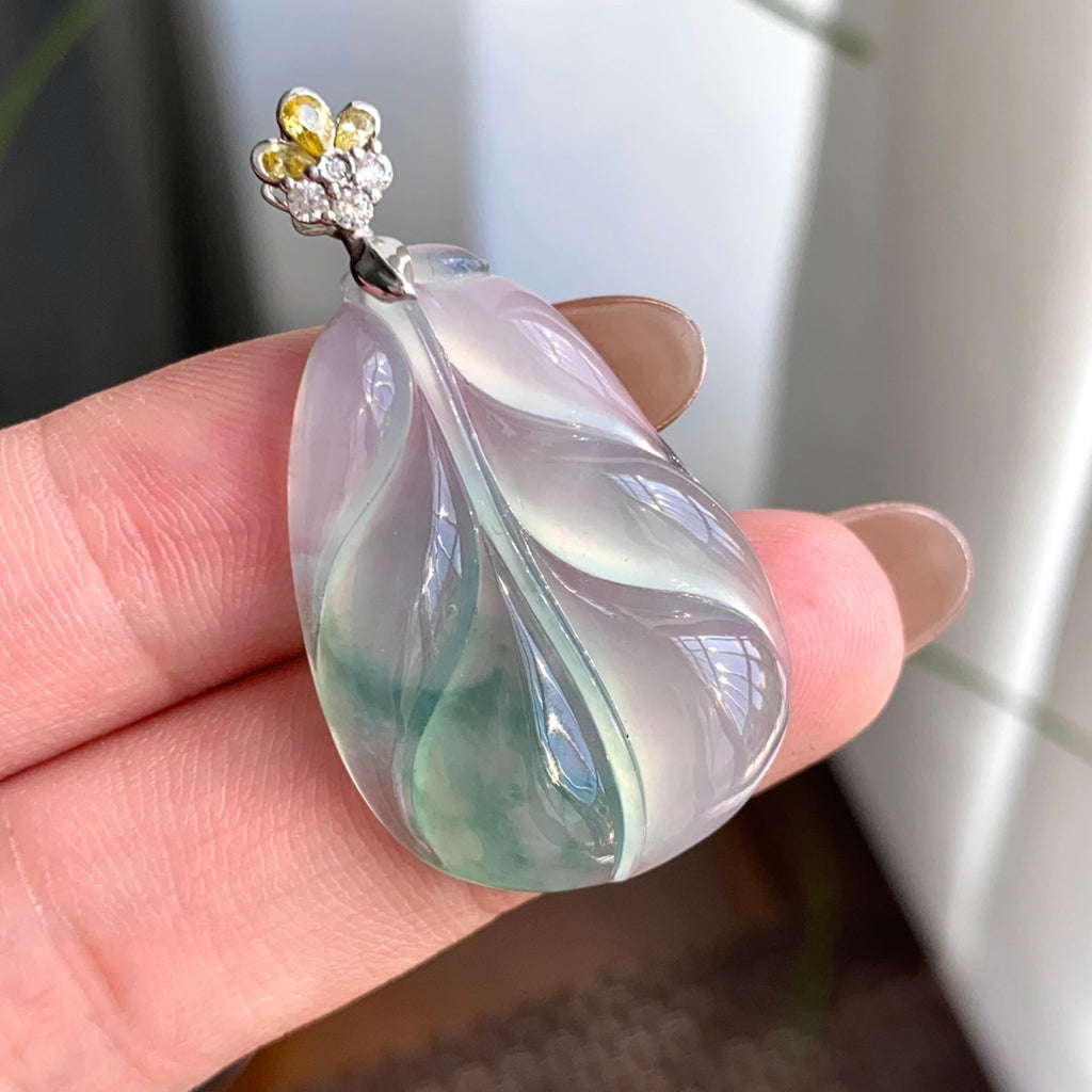 18k金钻镶冰种飘花玉叶吊坠（yc263896）