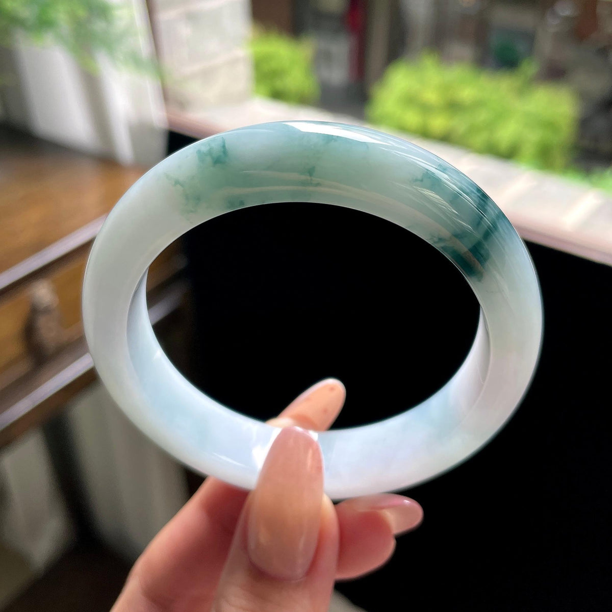 细糯种蓝飘花正圈平安镯 56圈 天然缅甸A货翡翠（yc696431）