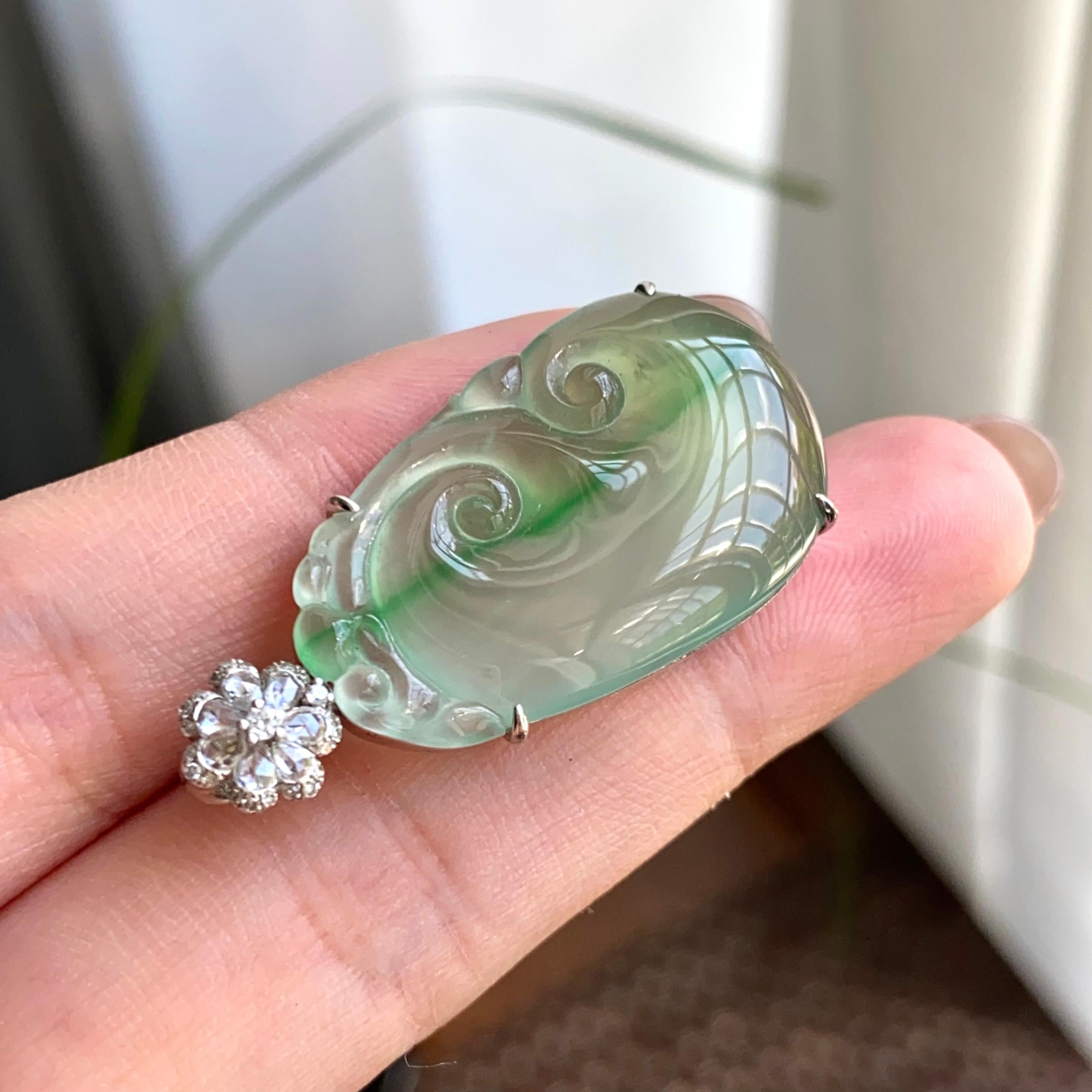 18k金钻镶冰种晴底金丝阳绿如意吊坠（yc263885）