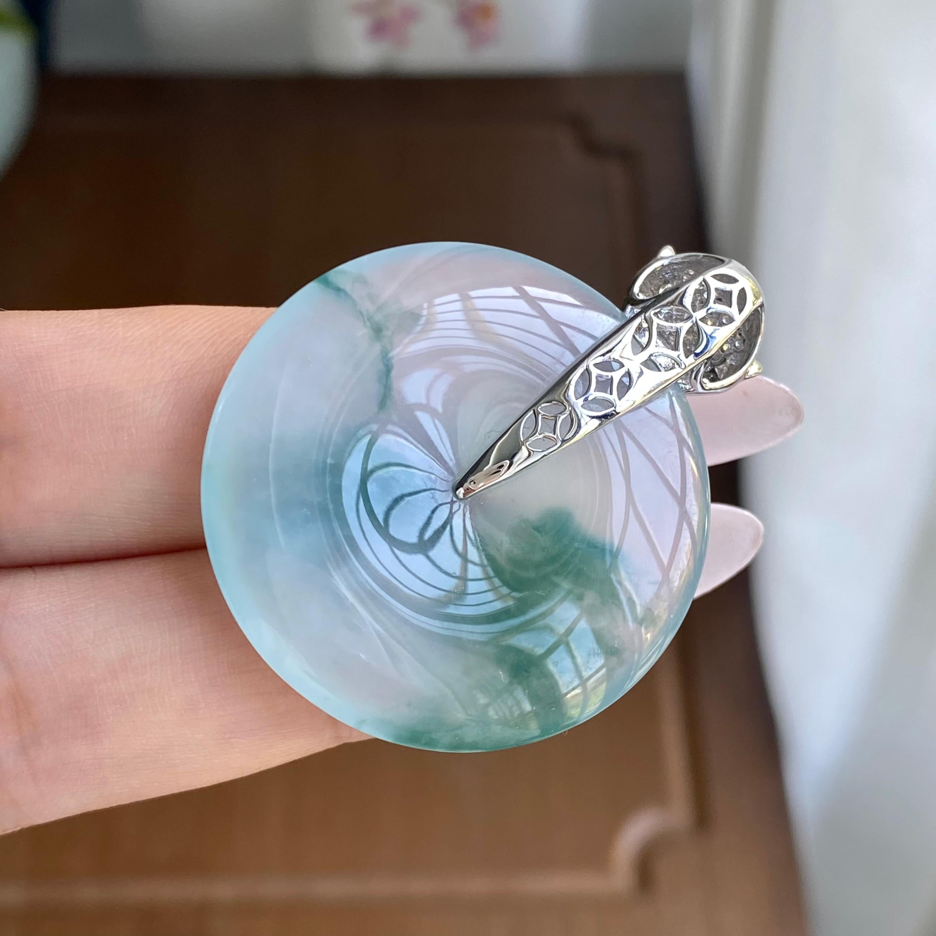 18K金钻镶糯冰种飘花平安扣吊坠（yc295960）