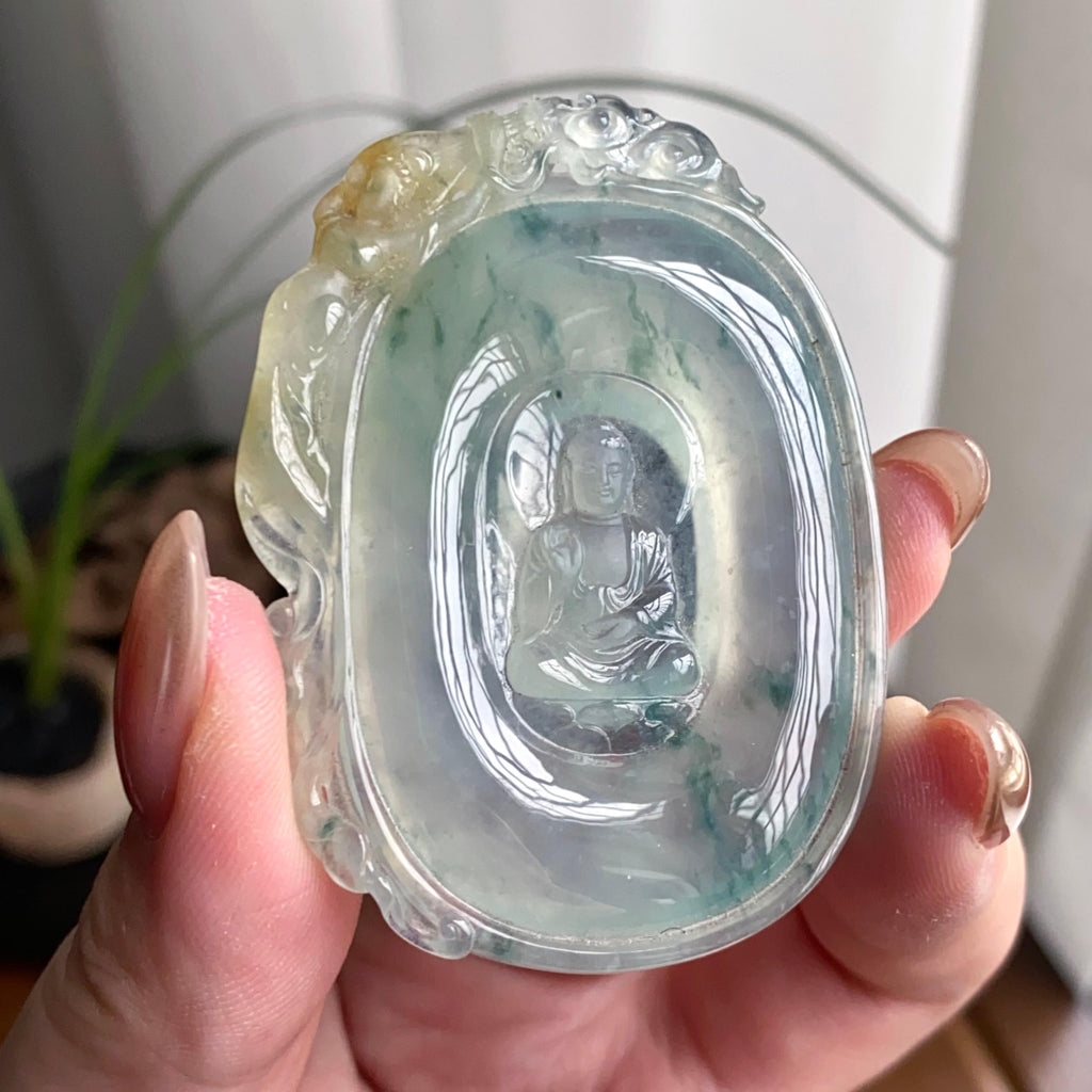 冰种黄加绿飘花佛牌吊坠（yc260833）