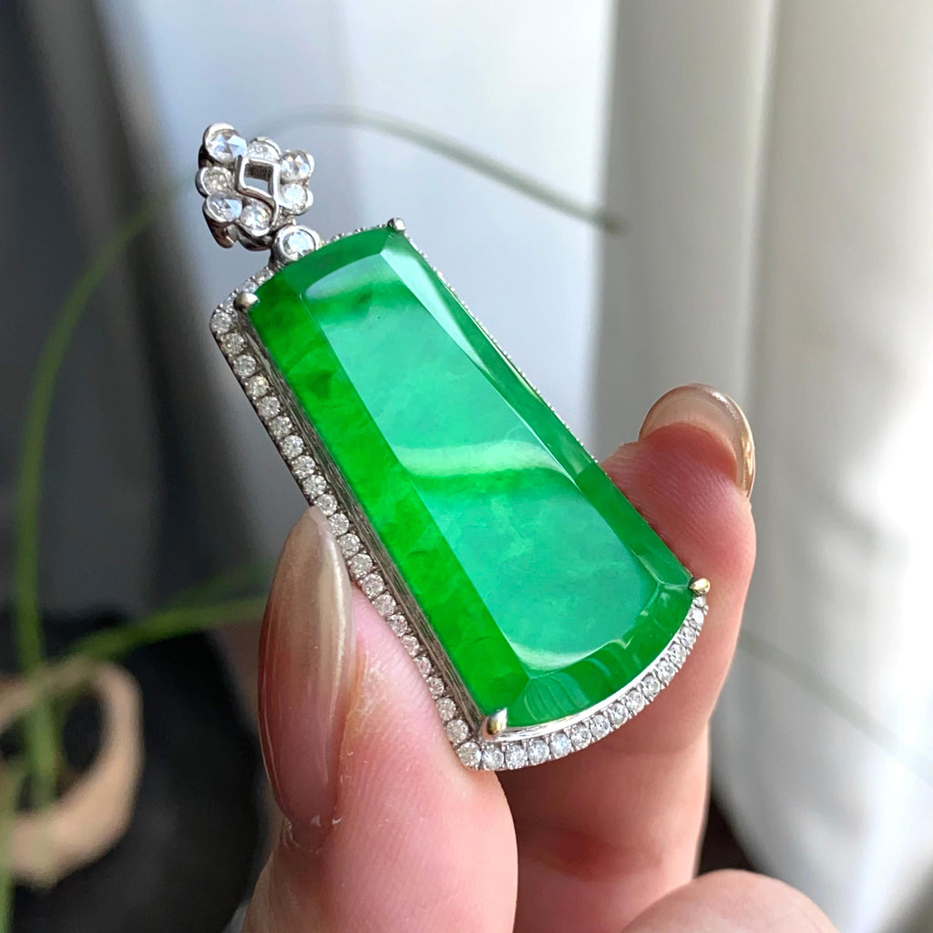 18k金钻镶冰种阳绿无事牌吊坠（yc263889）