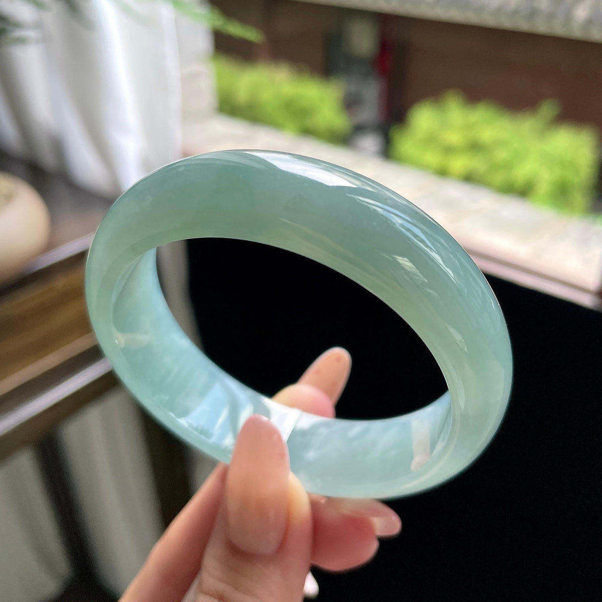 糯冰种冰蓝水油青色宽版正圈平安镯 57圈 天然缅甸A货翡翠（yc693183）