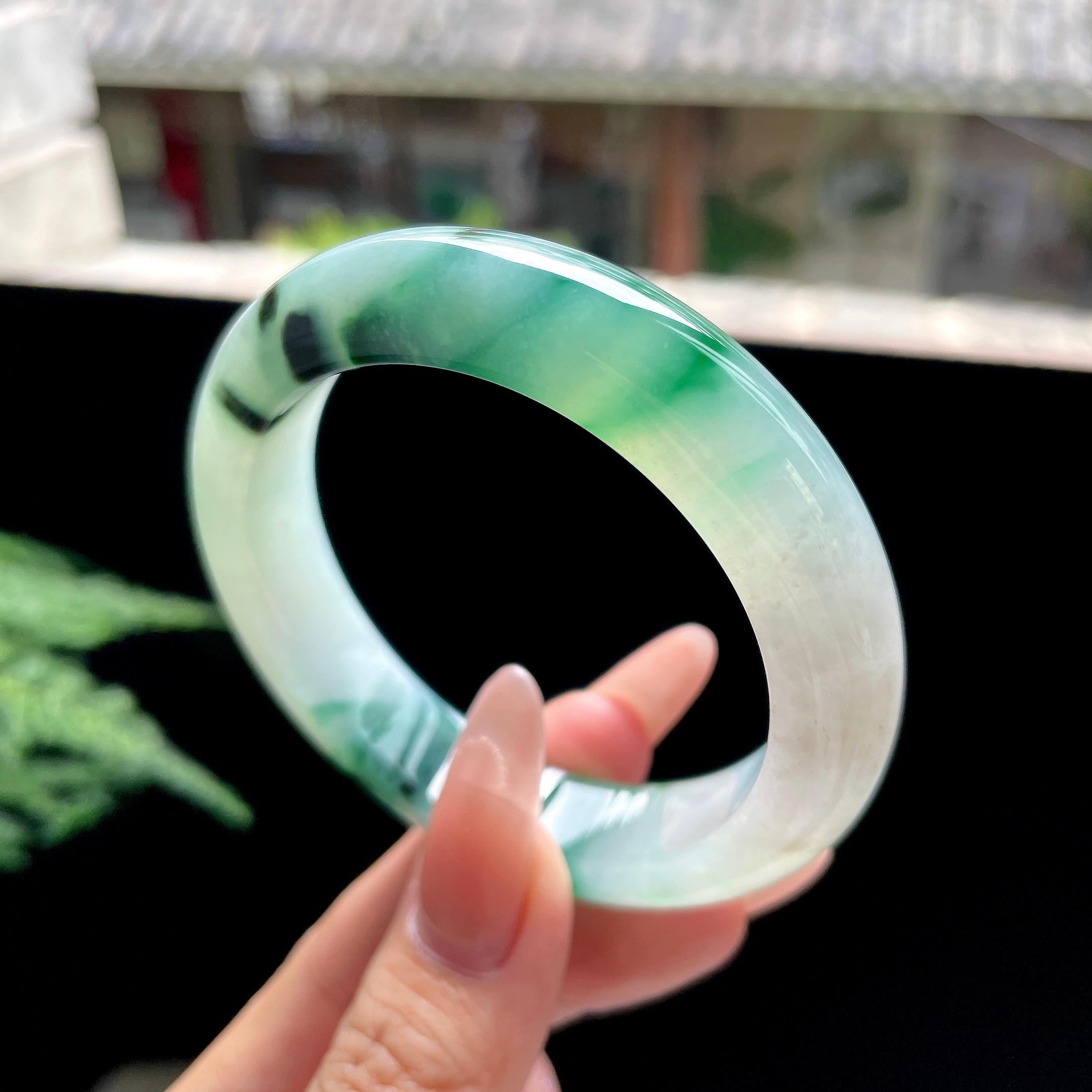 糯冰种绿飘花正圈平安镯 54圈口 天然缅甸A货翡翠（yc527796）