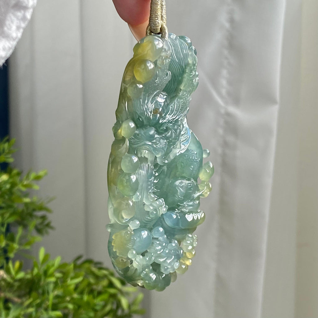 糯冰种双彩神龙护主牌吊坠（yc214691）