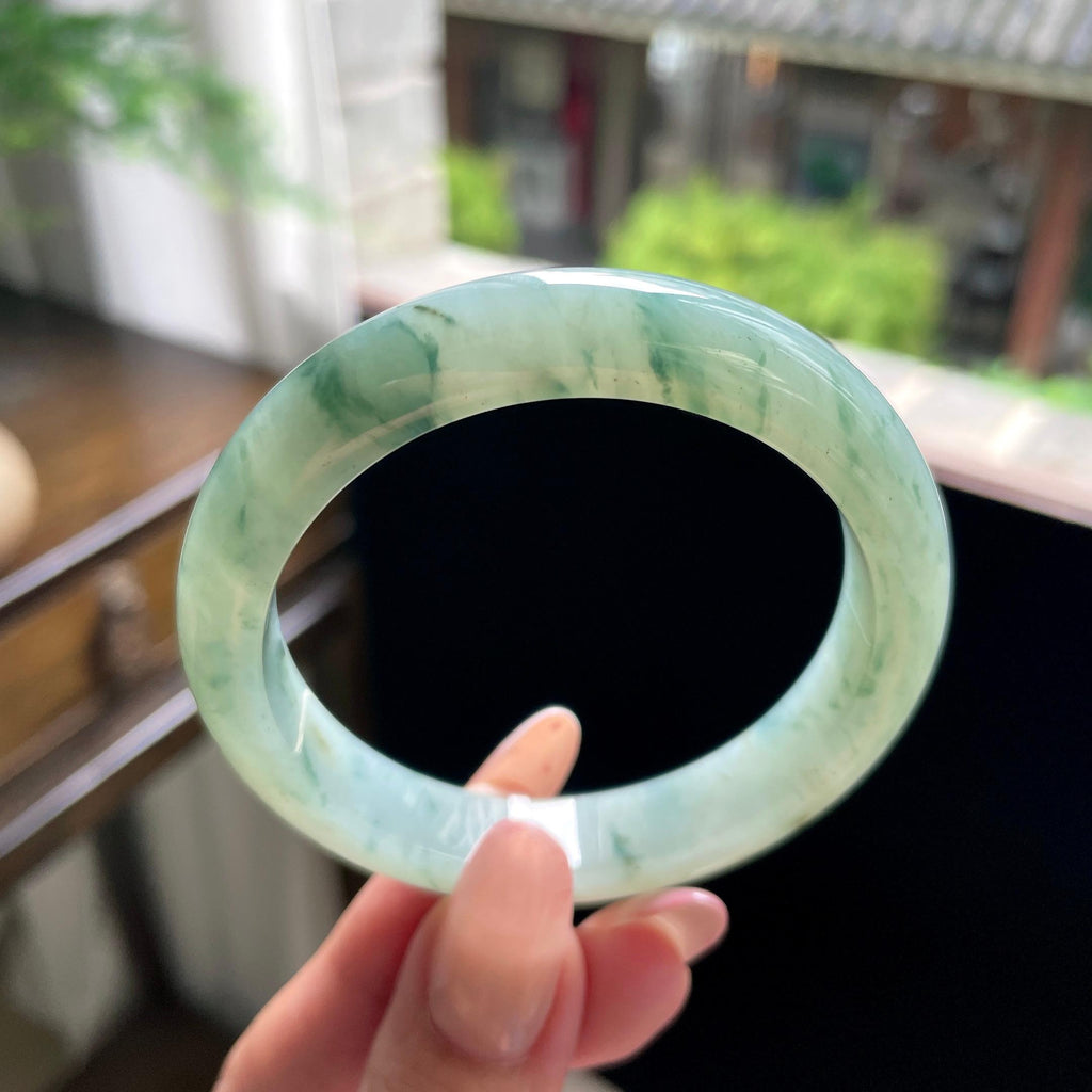 细糯种绿飘花正圈平安镯 53.5圈 天然缅甸A货翡翠（yc696412）