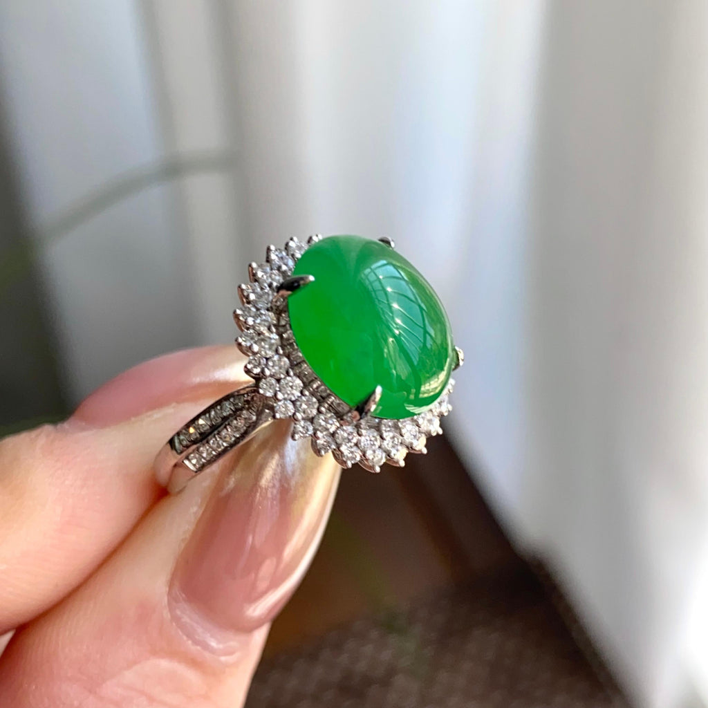 18k金钻镶冰种满绿蛋面戒指（yc264991）