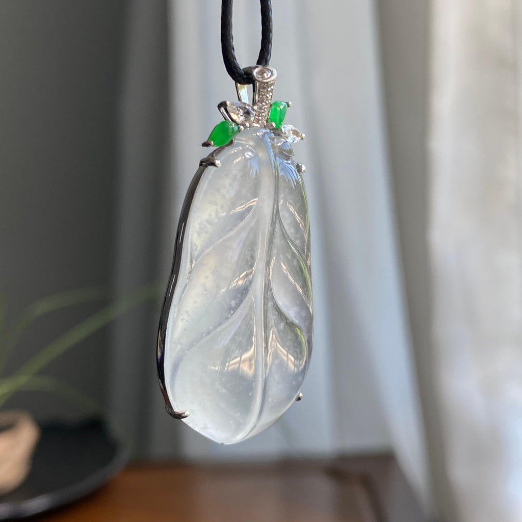 18k金钻镶高冰种雪花棉玉叶吊坠（yc266155）