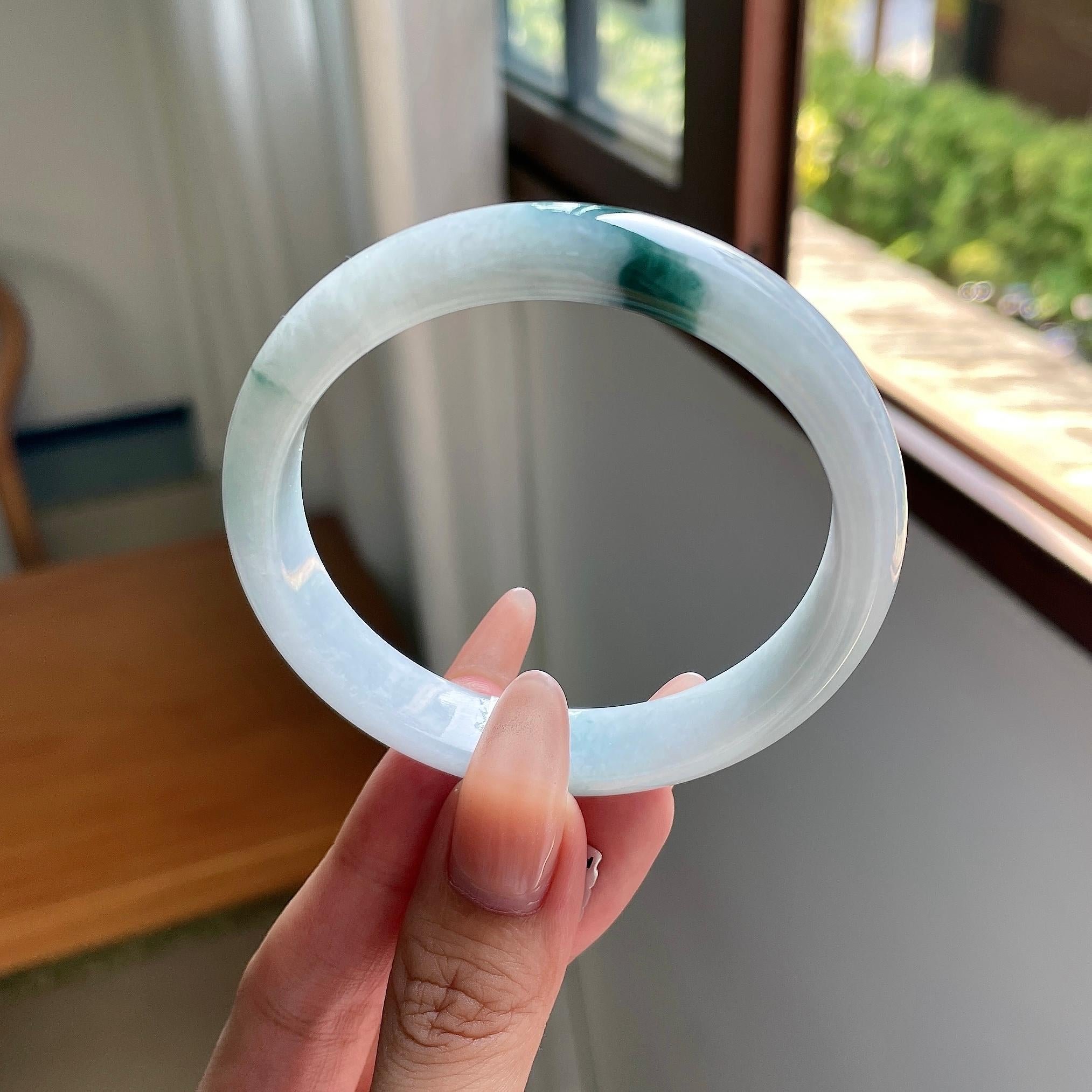 大圈口 糯种蓝飘花正圈平安镯 60圈口 天然缅甸货翡翠（yc508734）